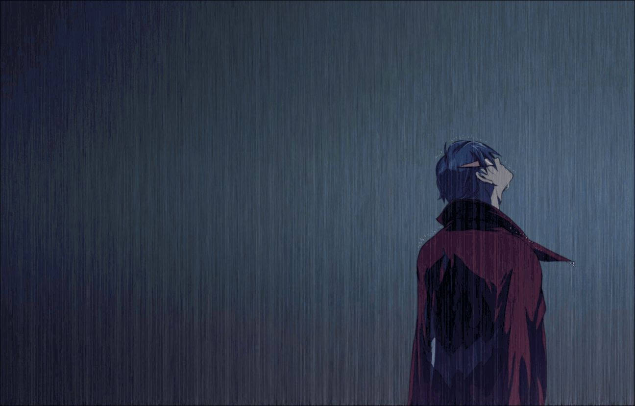 雨中憂傷動漫男孩 壁紙 — 一個孤獨的動漫角色穿著紅色外套站在大雨中，頭向後仰，水滴在深藍色背景上劃過。