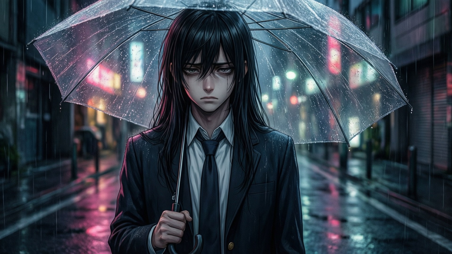 穿西裝的年輕男子在雨夜霓虹燈照亮的城市街道上撐著透明雨傘
