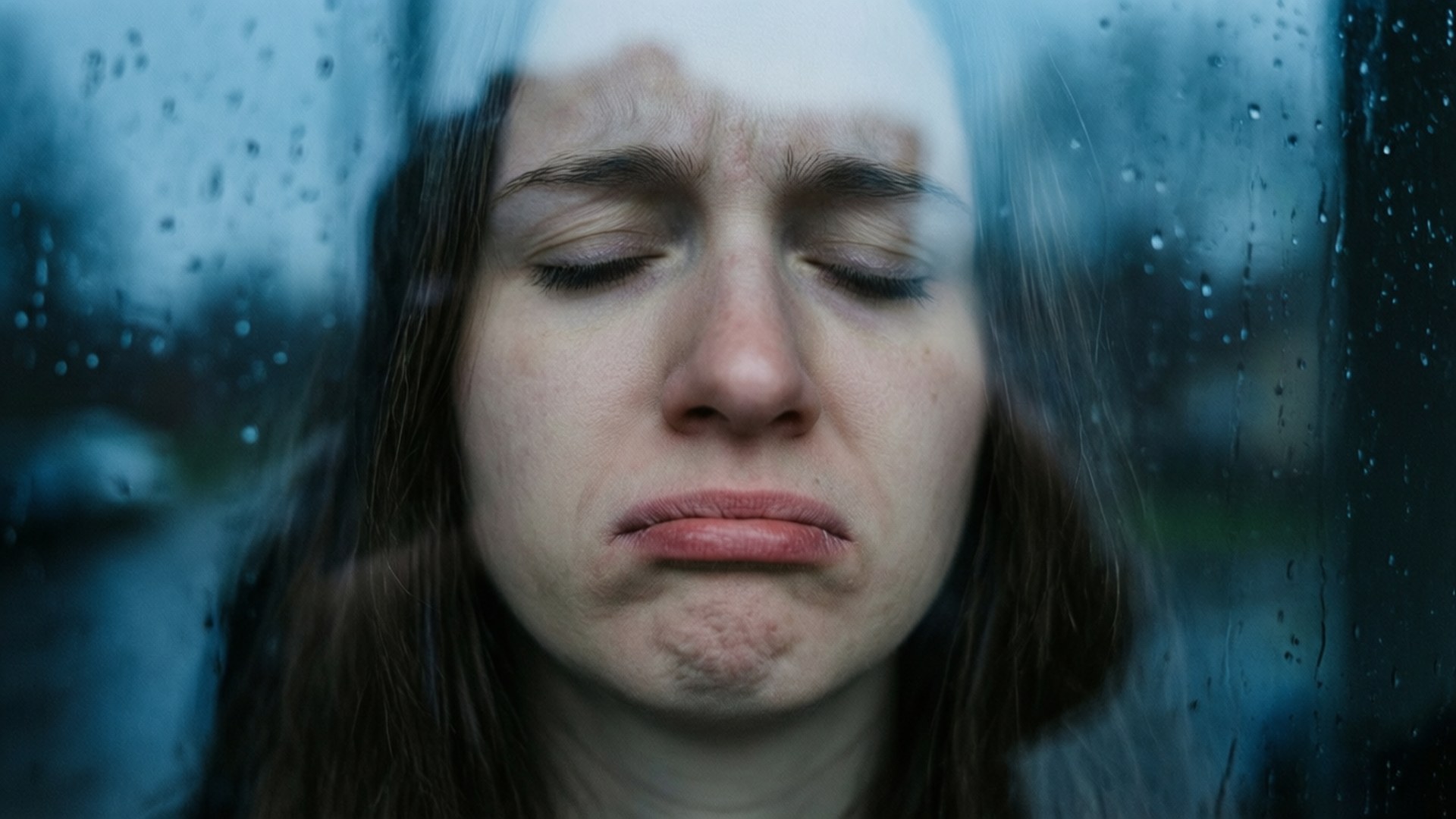 透過雨窗看到一名閉著眼睛的悲傷女子。