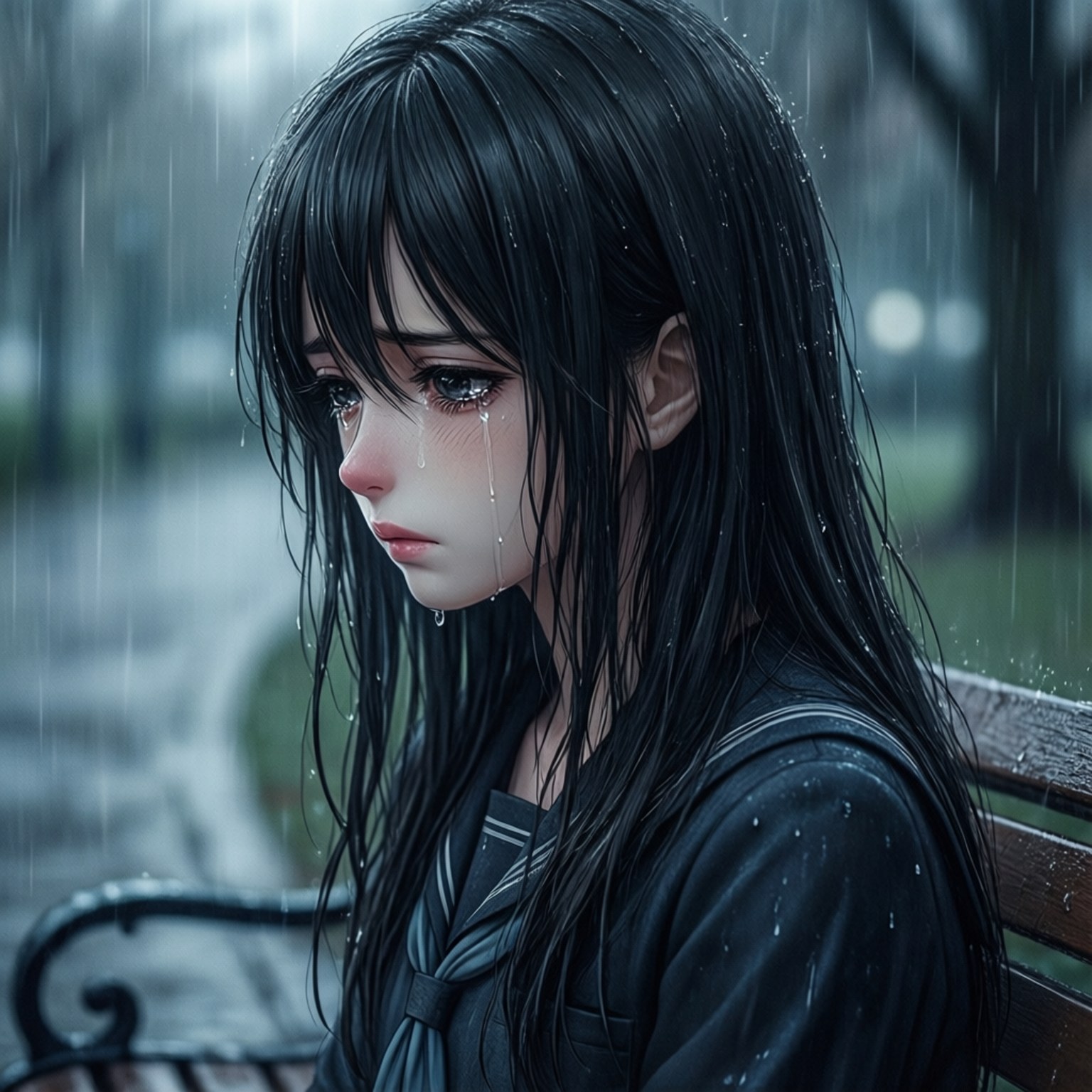 一個悲傷的動漫女孩在公園長椅上的雨中哭泣。