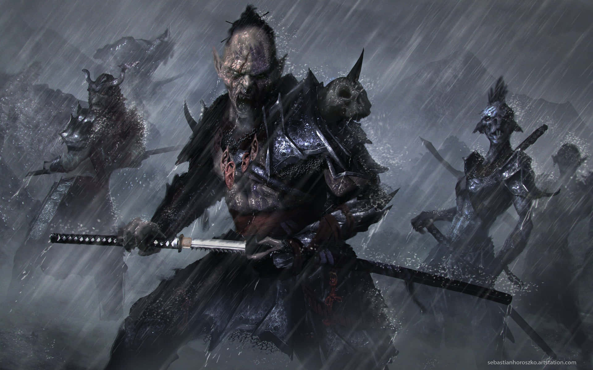 一個黑暗裝甲的武士在雨中戰鬥場景中持劍，有陰影人物。