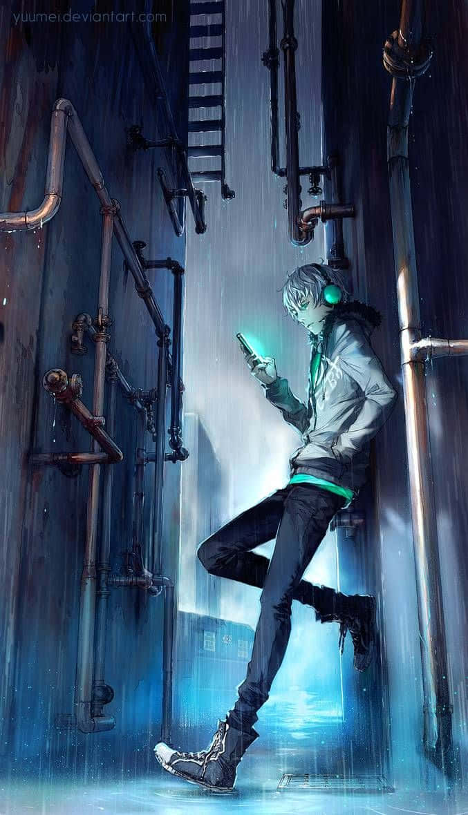 雨中戴耳機的動漫男孩圖片 壁紙 — 一個孤獨的動漫少年戴著發光的綠色耳機，在雨中的小巷裡靠著管道，被手機的藍光照亮。