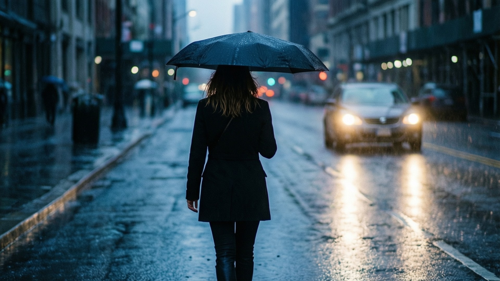 女人在夜晚濕漉漉的城市街道上撐傘獨自走在雨中，伴隨著汽車頭燈。