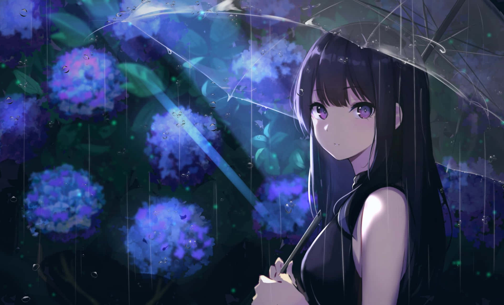 動漫女孩在雨中的花園裡拿著雨傘，周圍有發光的藍色花朵。