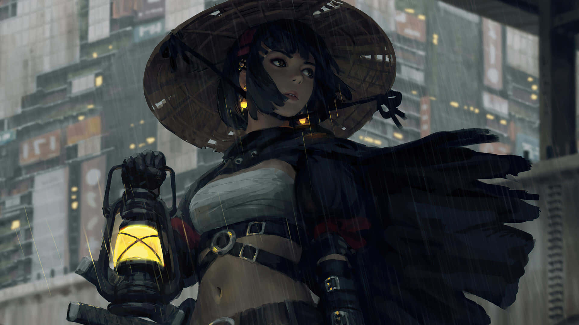 動漫戰士在雨中的城市景觀中手持燈籠