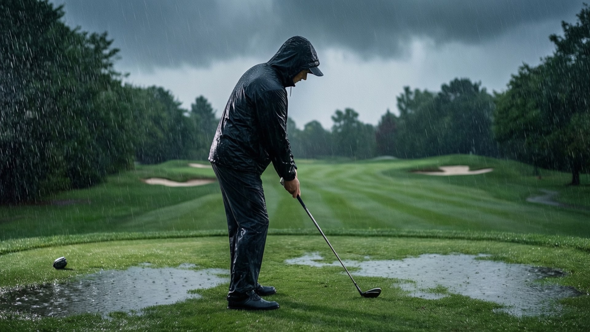 穿著黑色雨衣的高爾夫球手準備在暴風雨中於潮濕的球場上擊球