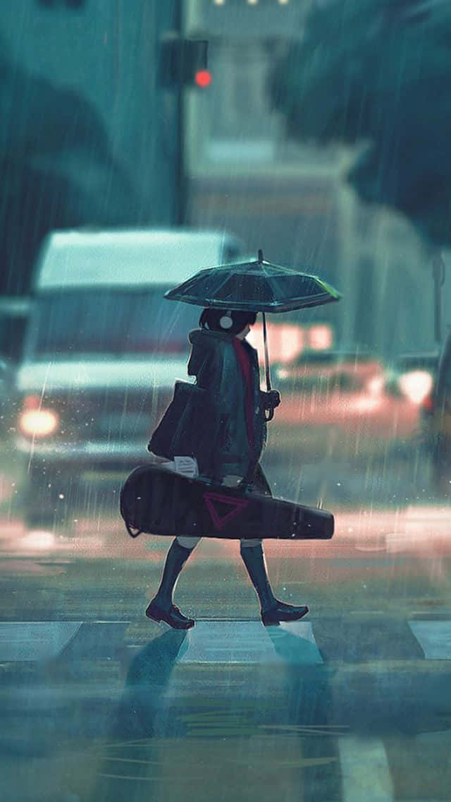 戴著耳機的人撐著雨傘和提著結他盒穿過雨街。