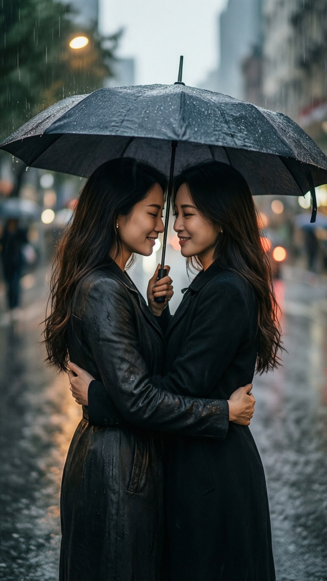 雨中撐傘擁抱 壁紙