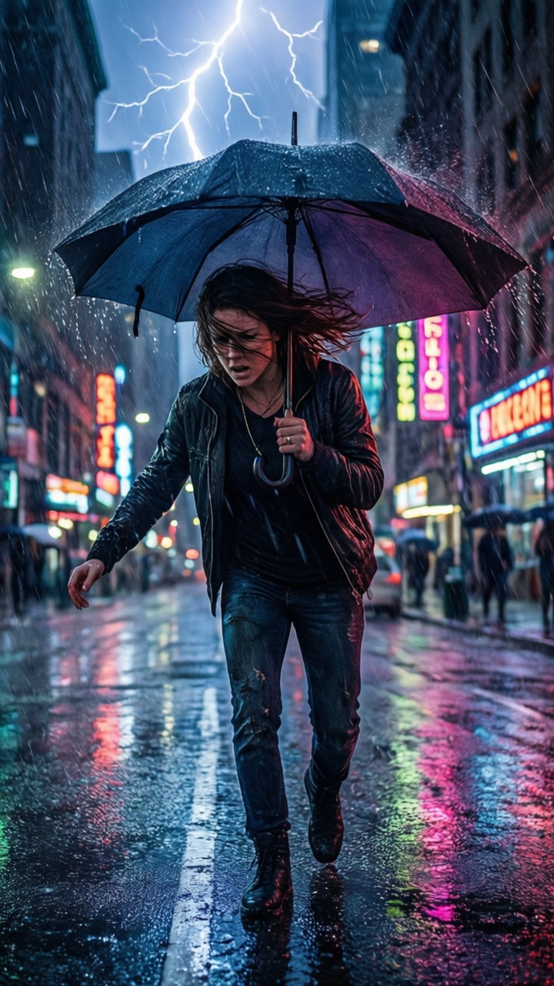 女子在雨中撐傘奔跑，城市中有閃電和霓虹燈牌