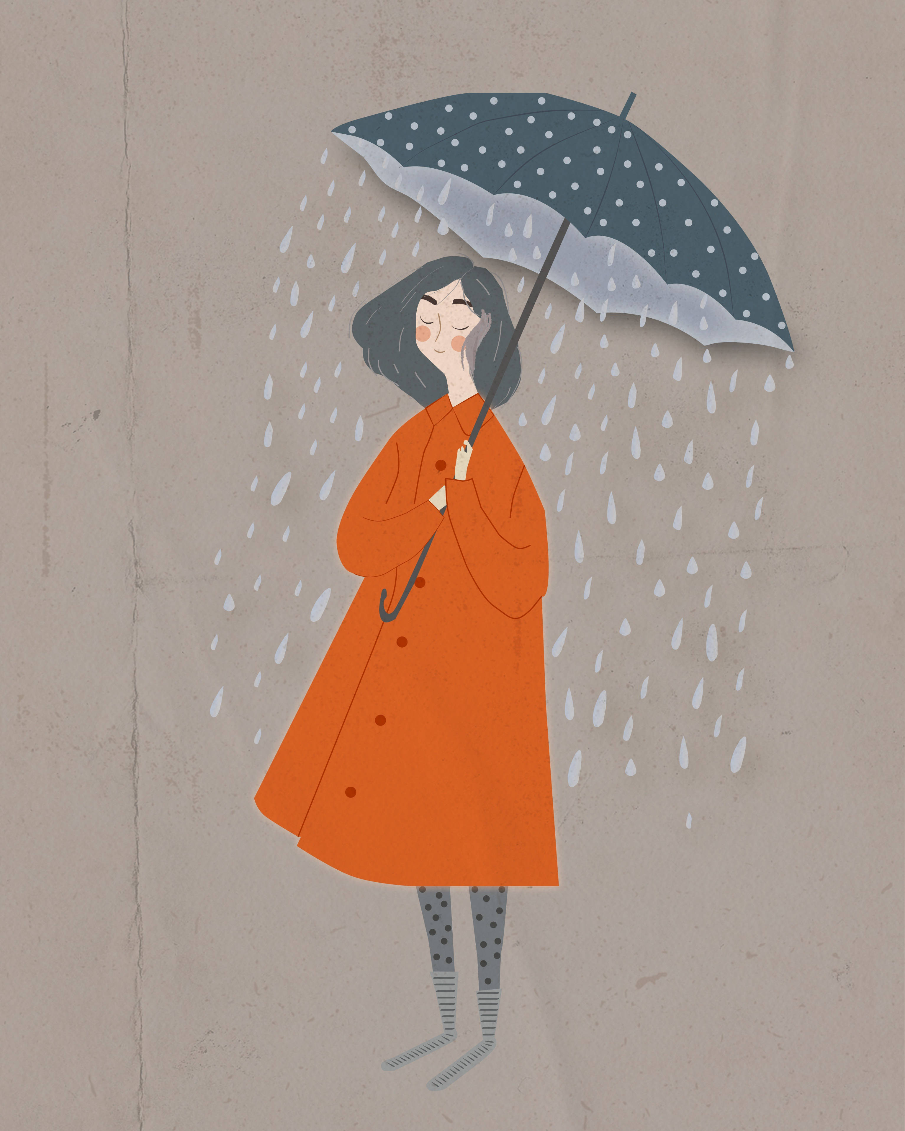 雨中撐傘的女士iPhone壁紙 壁紙 — 一位身穿亮橙色外套的女性，在柔和的米色背景下，撐著一把圓點雨傘，雨水在她周圍落下。