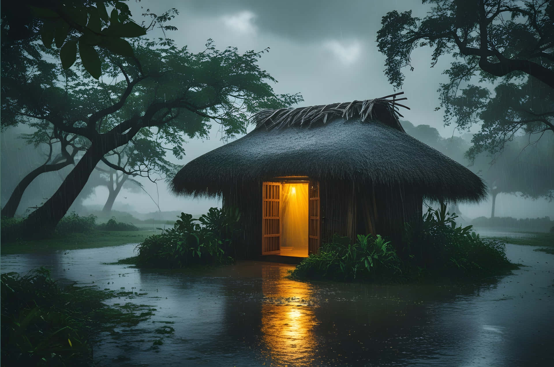 雨夜森林沼澤中發光的茅草屋。