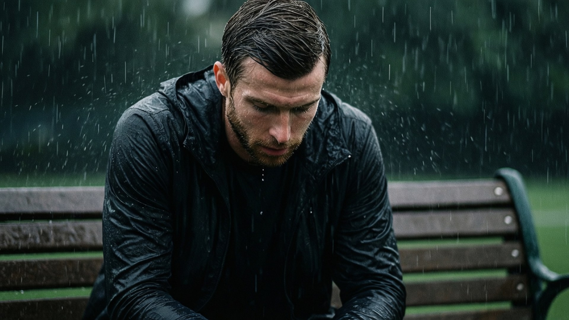 一個穿著黑色雨衣的男人在暴雨中坐在濕漉漉的木長椅上。