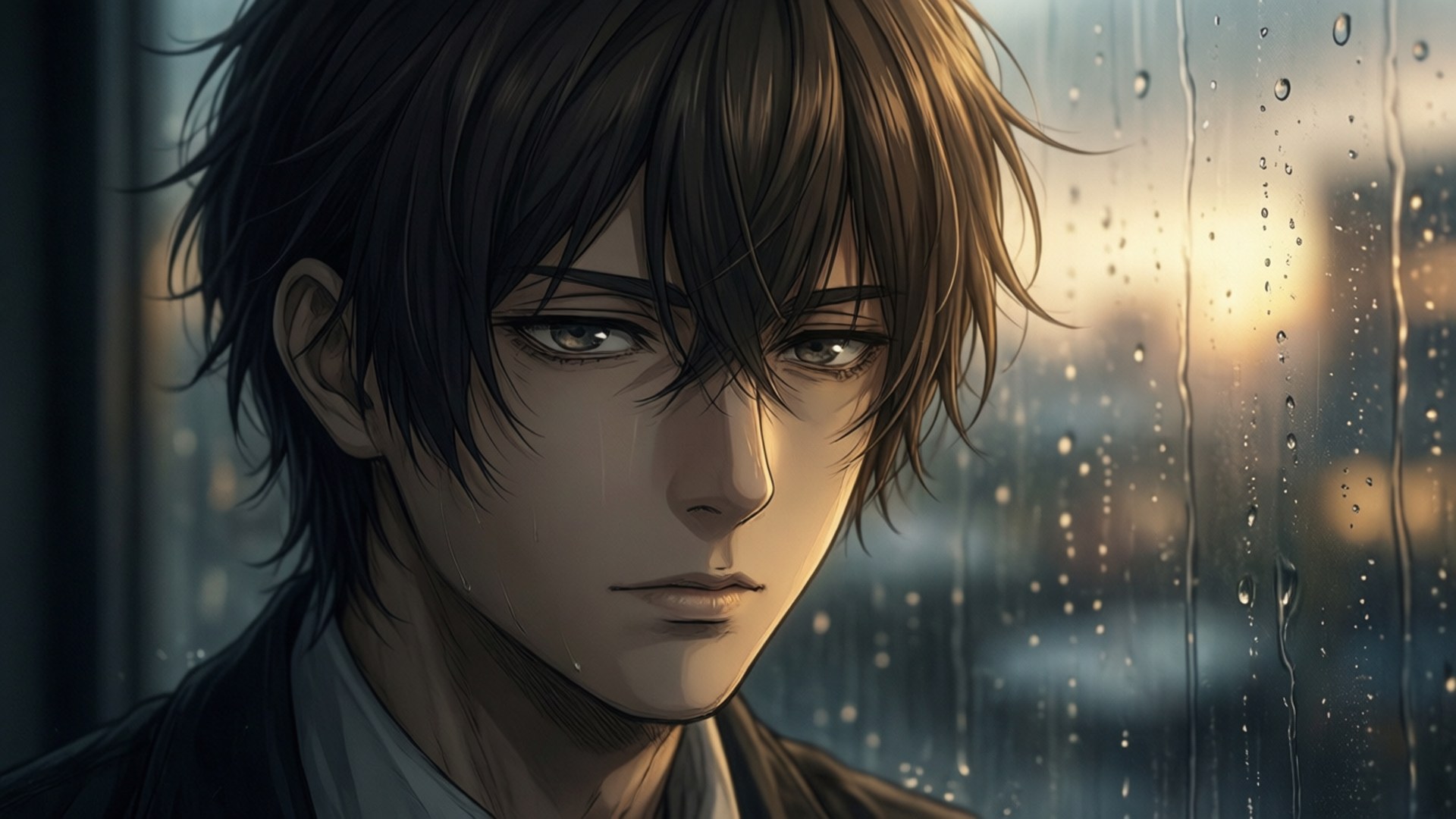 動漫男子從濺滿雨水的窗戶望向夕陽下閃耀的城市。