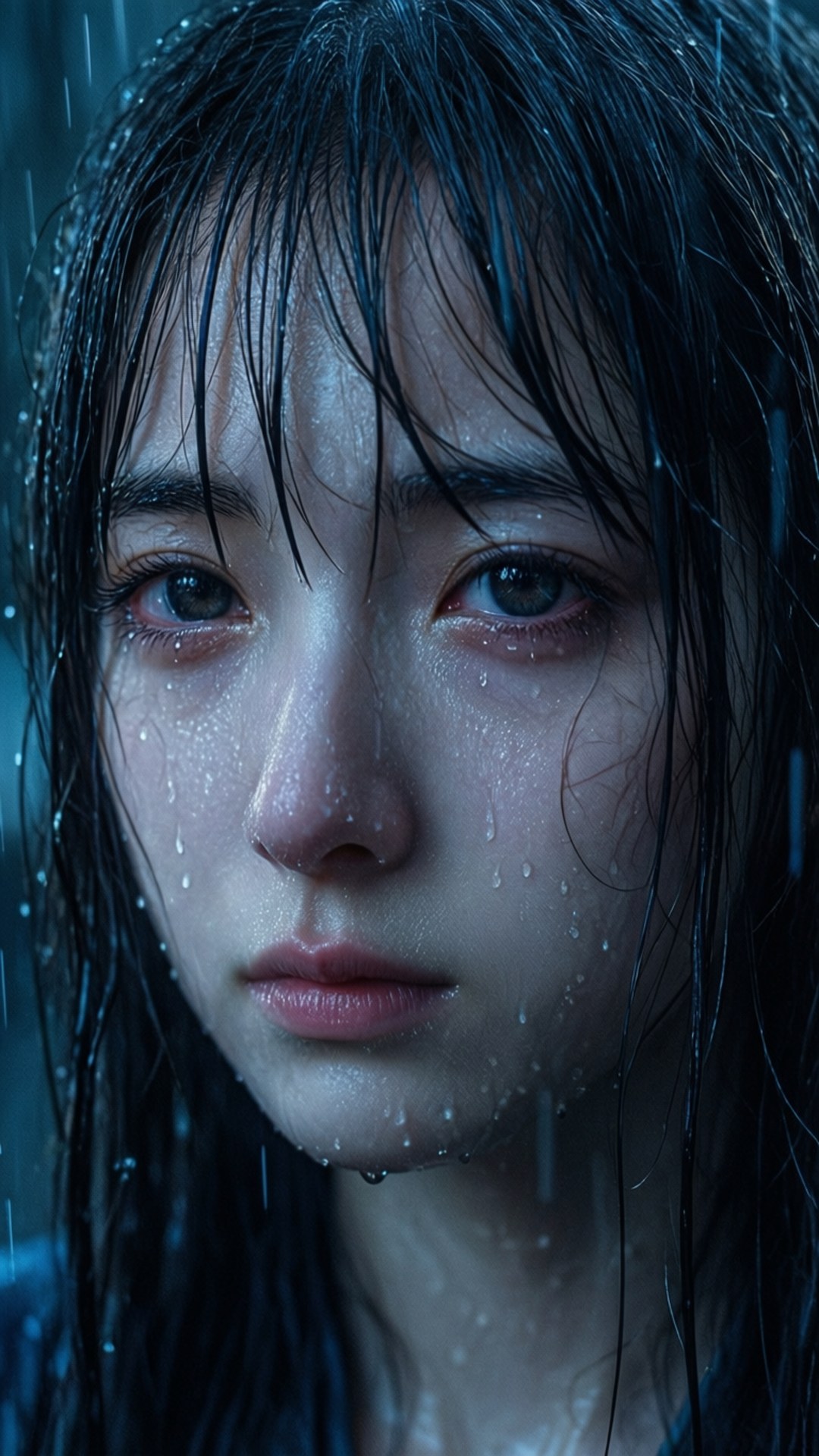 雨中淚光 壁紙 — 雨中藍色環境燈光下，一名年輕女子濕透的黑髮和淚痕的特寫肖像。
