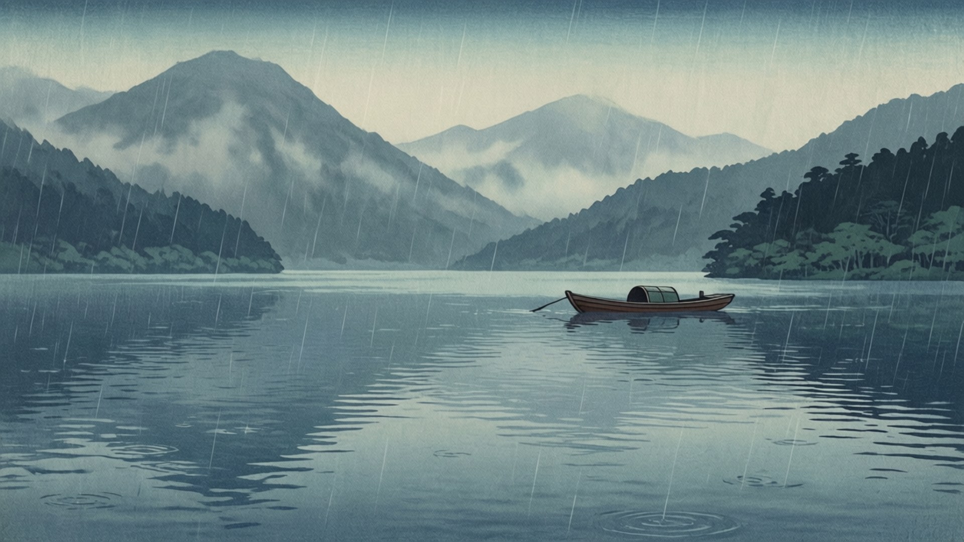 一艘小船漂浮在雨中的湖面上，背景有山巒。