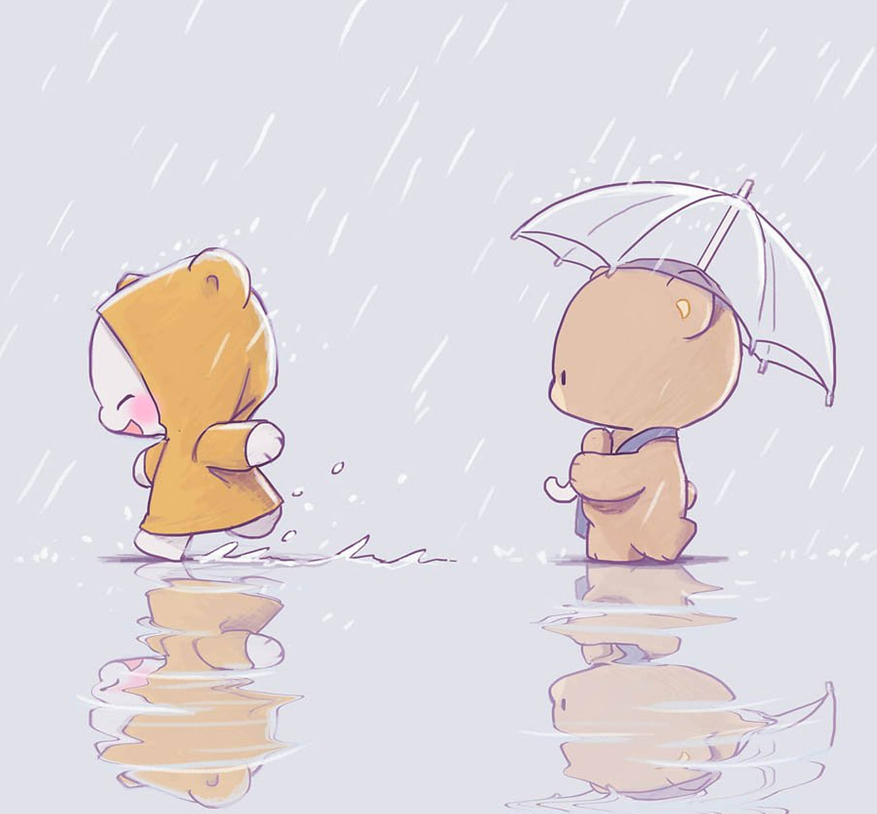 兩隻卡通熊，一隻拿著雨傘，一隻穿著雨衣，站在雨中水坑裡。