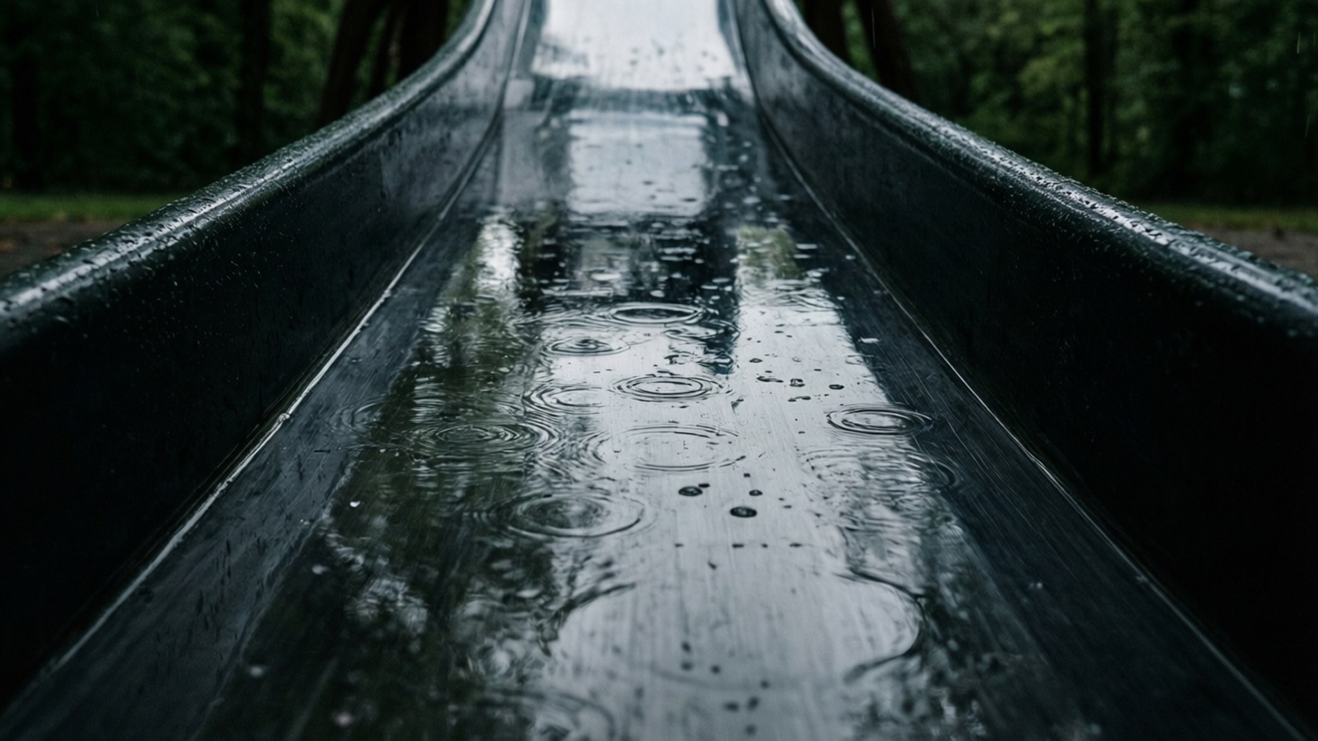 雨滴在被樹木環繞的濕漉漉黑色滑梯上泛起漣漪。