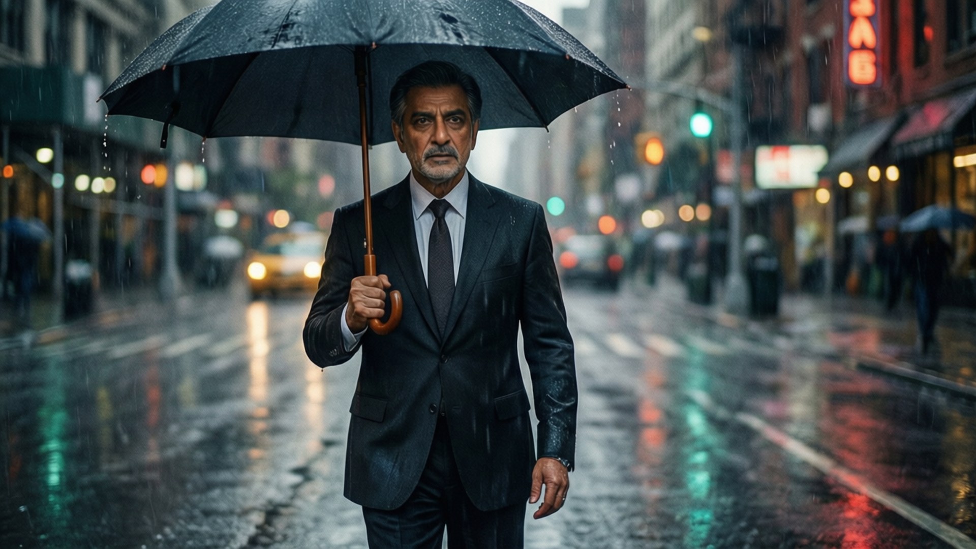 雨中漫步 壁紙 — 一個身穿深色西裝的男人撐著黑色雨傘，走在被雨水浸濕的城市街道上，霓虹燈光在濕漉漉的人行道上反射。
