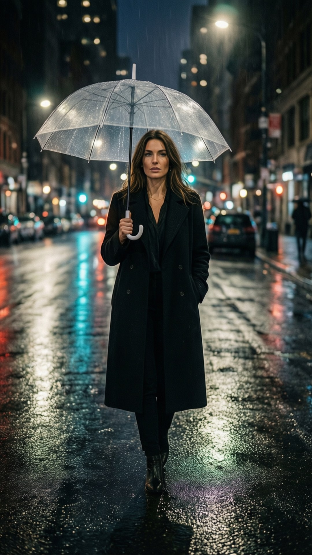 女子手持透明雨傘在雨夜城市中行走，濕漉漉的人行道反射