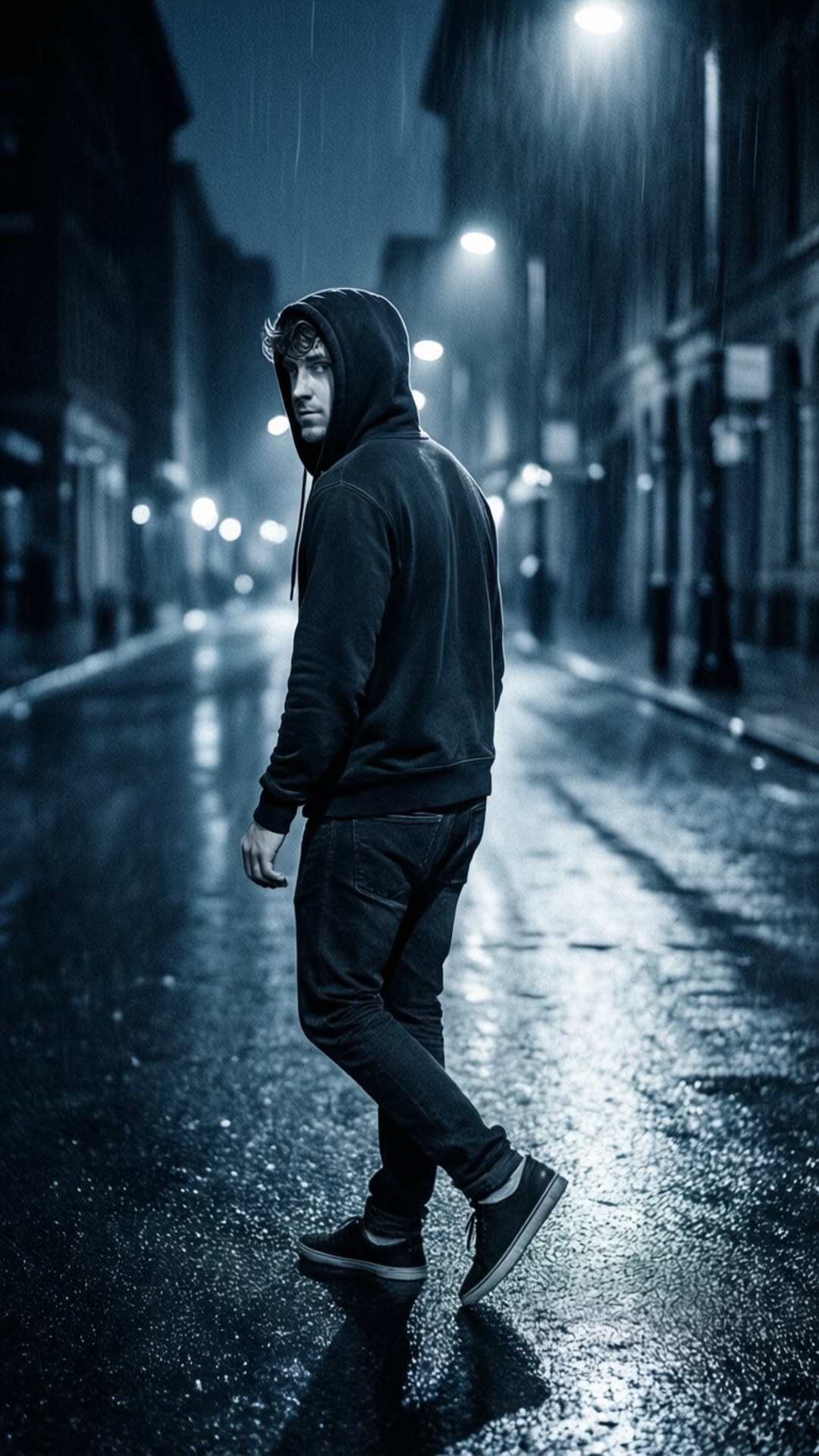 雨中漫步 壁紙 — 一個孤獨的戴帽人影在夜晚閃爍的路燈下，沿著被雨水打濕的城市街道行走。