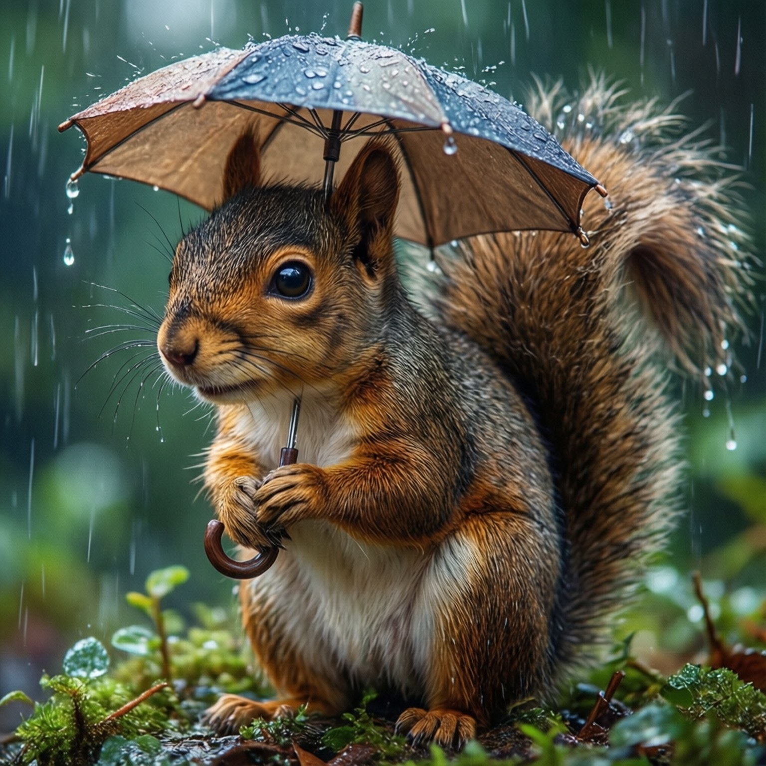 松鼠在雨中拿著雨傘，站在長滿苔蘚的地面上