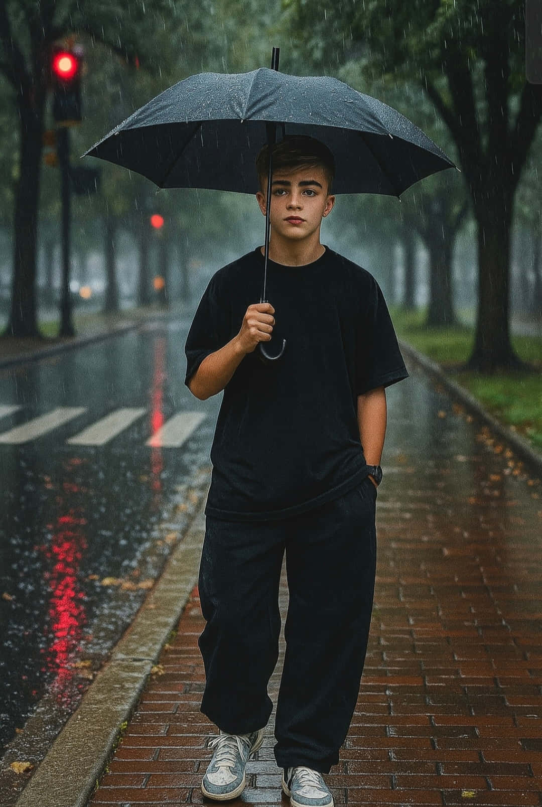 年輕男子拿著黑傘在雨中走在磚砌人行道上，附近有紅色的交通燈。