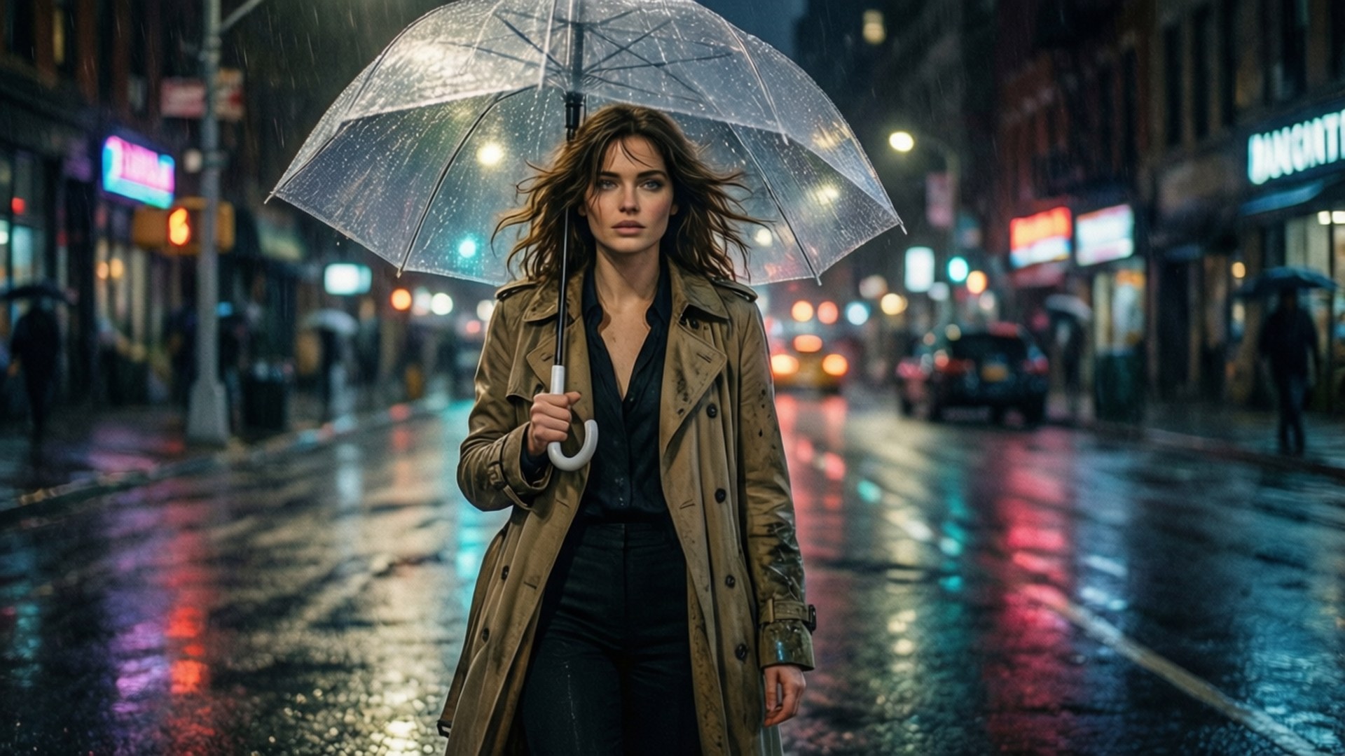身穿風衣的女性撐著透明雨傘，在雨夜的城市中行走，霓虹燈光反射在濕漉漉的人行道上