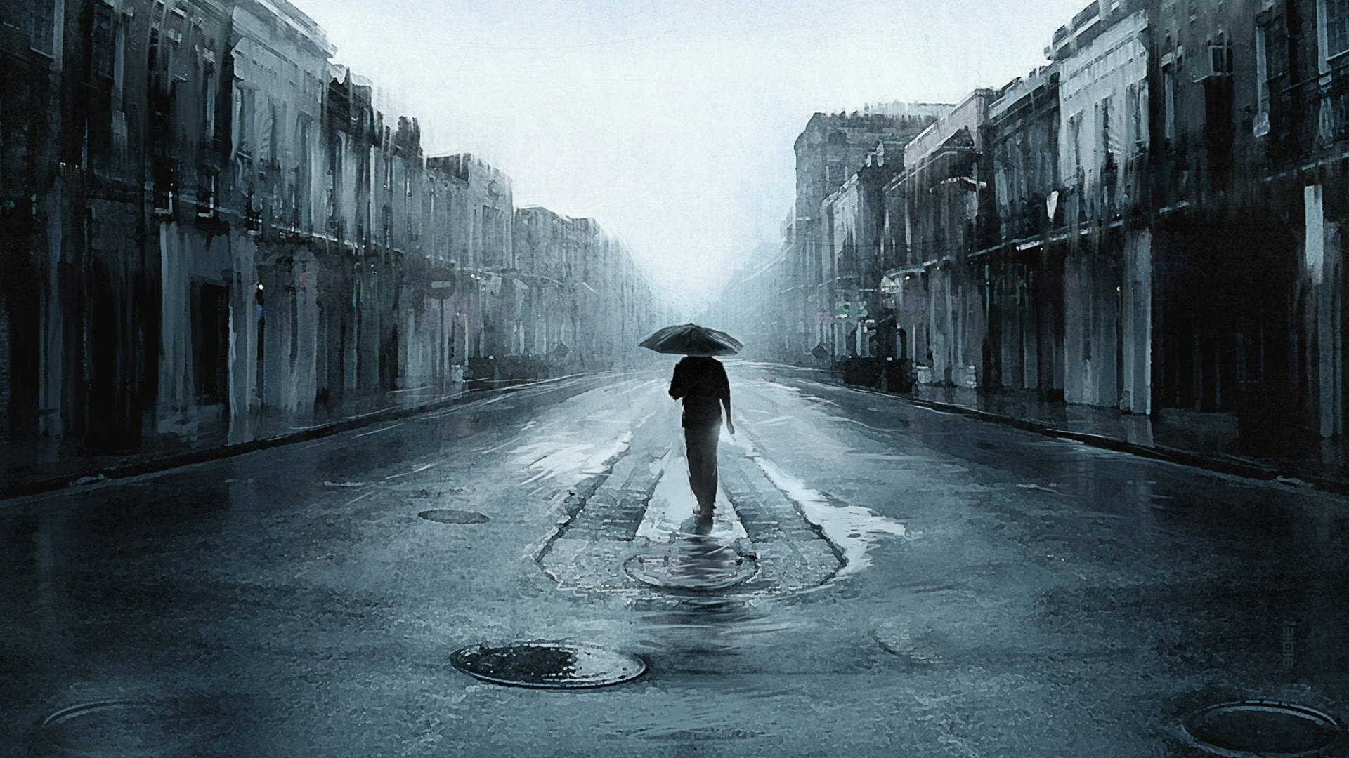雨中獨自撐傘走在濕漉漉的街道上的人。