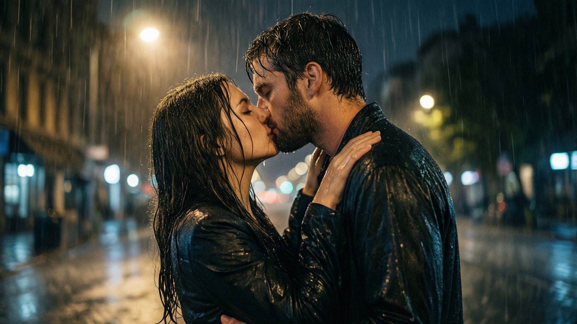 一個男人和一個女人在雨中，在濕漉漉的城市街道上接吻。