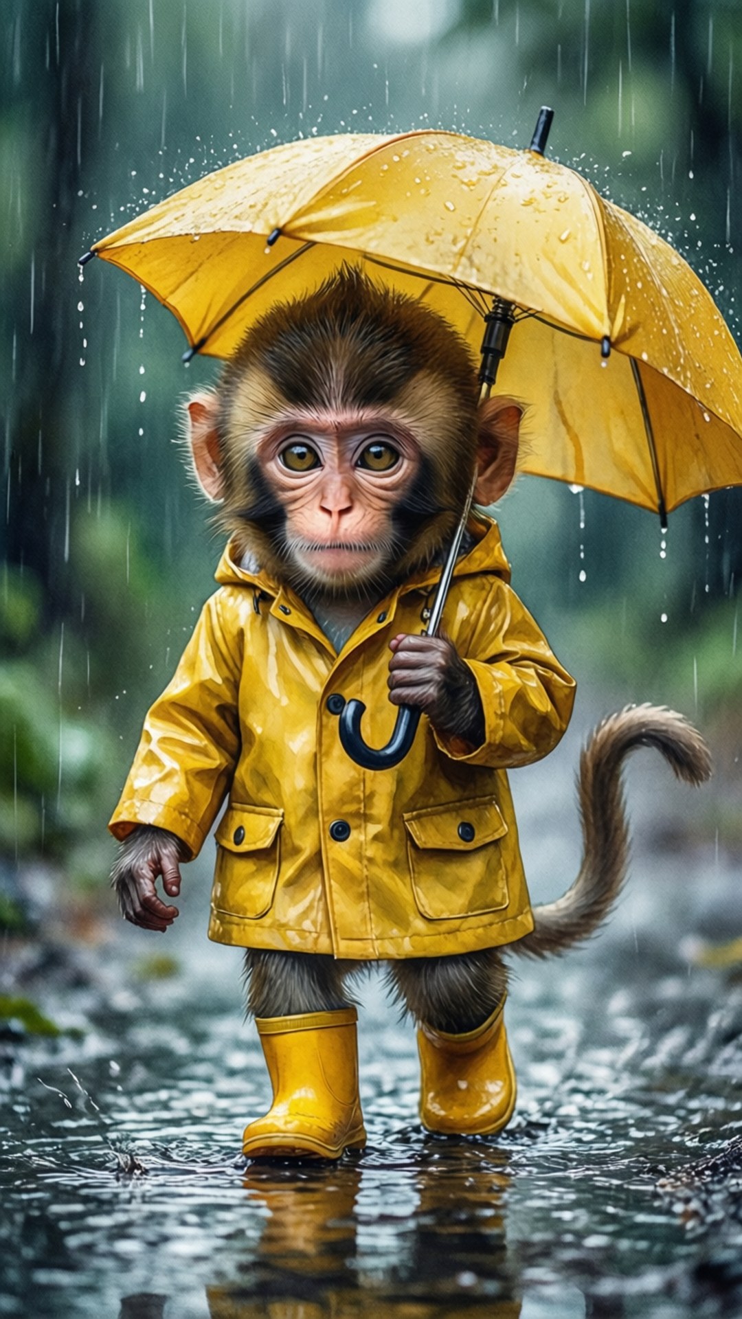 雨中猴子 壁紙 — 一隻穿著黃色雨衣和靴子的小猴子，在雨中森林行走時拿著一把相配的雨傘。