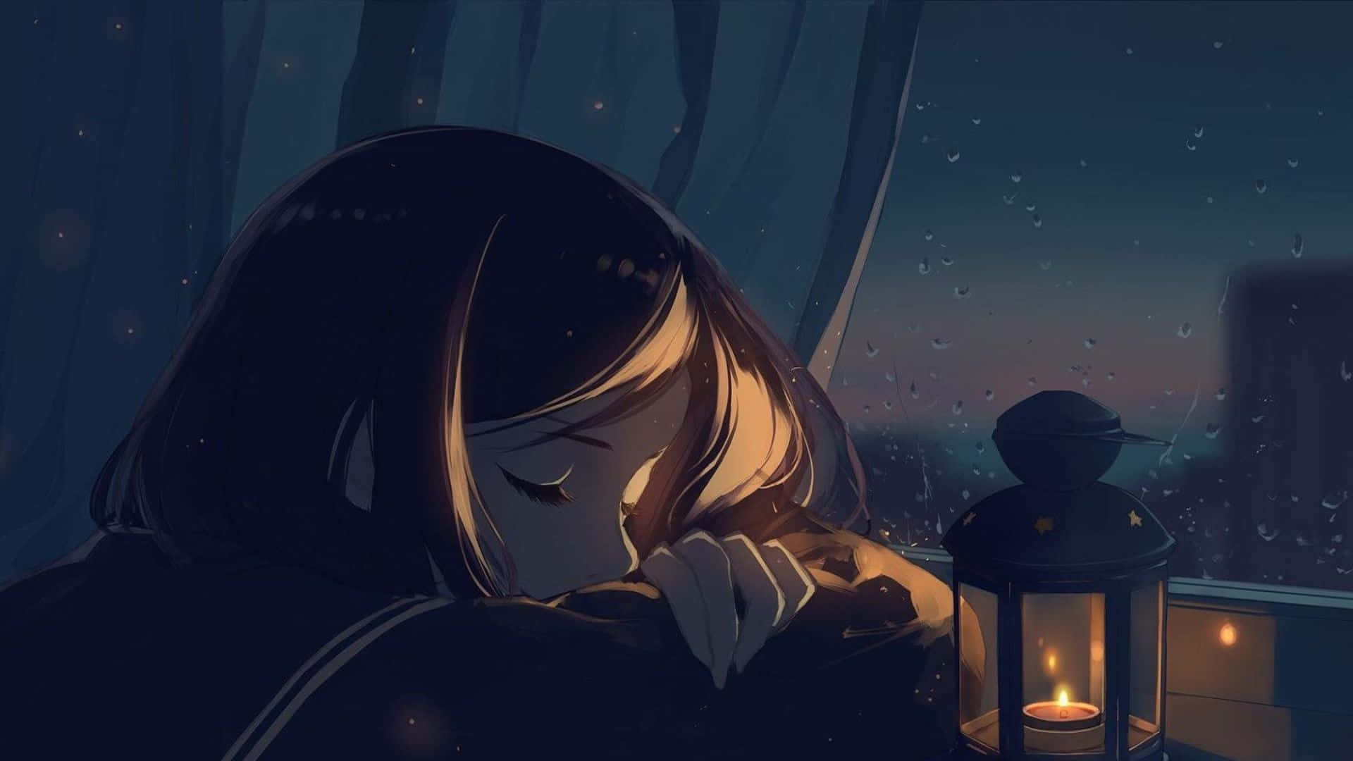雨中獨坐的美麗感傷動漫少女 壁紙 — 一個年輕的動漫女孩在昏暗的房間裡，在雨痕斑斑的窗邊，在發光的燈籠旁安然入睡。