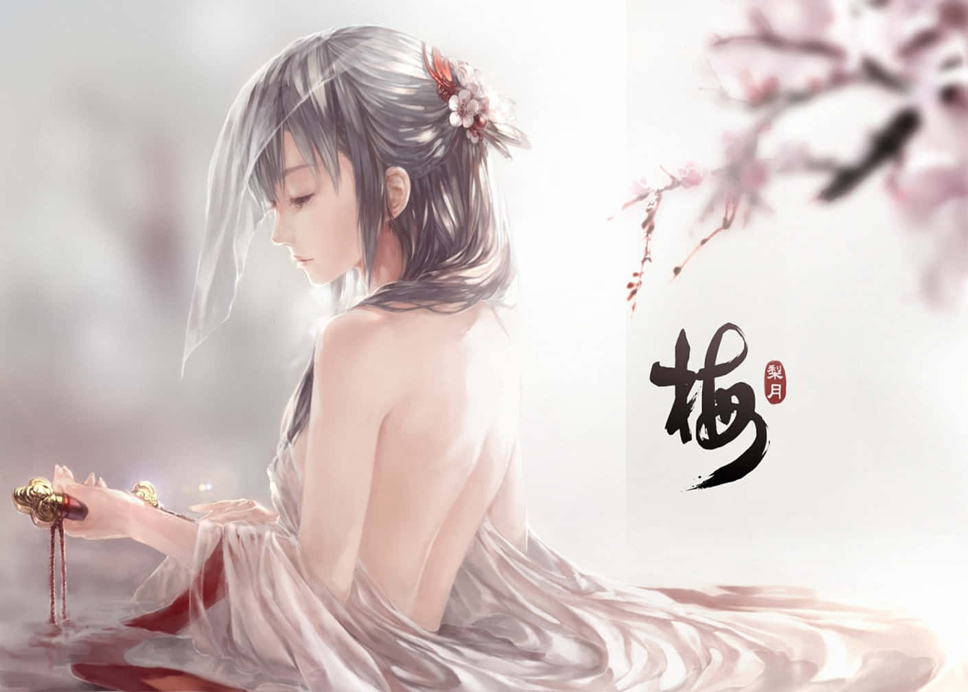 雨中獨自哭泣 壁紙 — 一位銀色頭髮、戴著花卉髮夾的寧靜動漫女孩坐在浴缸中，手持一把滴著紅色液體的劍。