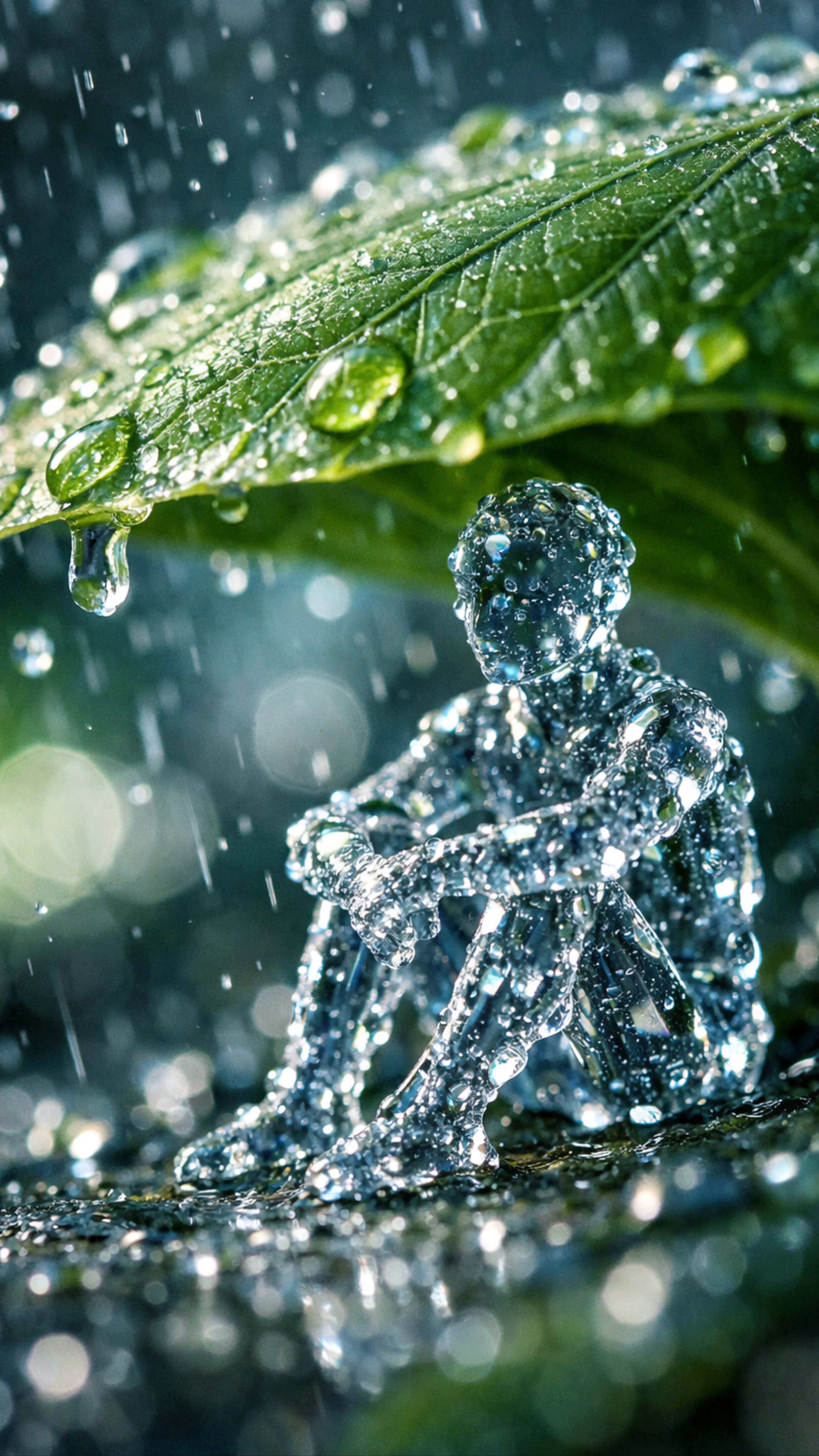 雨中獨行 壁紙 — 一個半透明的水形成的人物坐在被雨水浸透的綠葉下，水滴在周圍傾瀉而下。