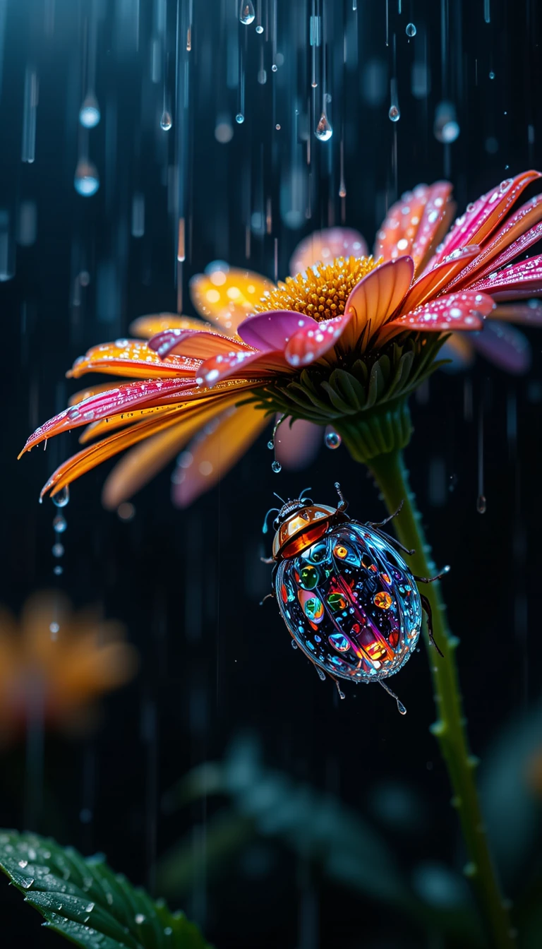 雨中甲蟲停在花朵上的壁紙 壁紙 — 一朵鮮豔的橙色和粉紅色花朵在雨滴中閃閃發光，一隻色彩繽紛的甲蟲懸掛在花朵下方，處於黑暗的雨中環境。