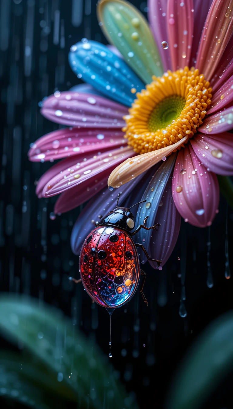 雨中甲蟲停在花朵上的壁紙 壁紙 — 一隻色彩鮮豔的瓢蟲，帶有虹彩紅色和藍色的外殼，緊貼在色彩繽紛的雛菊花瓣上，雨滴在它們周圍傾瀉而下。