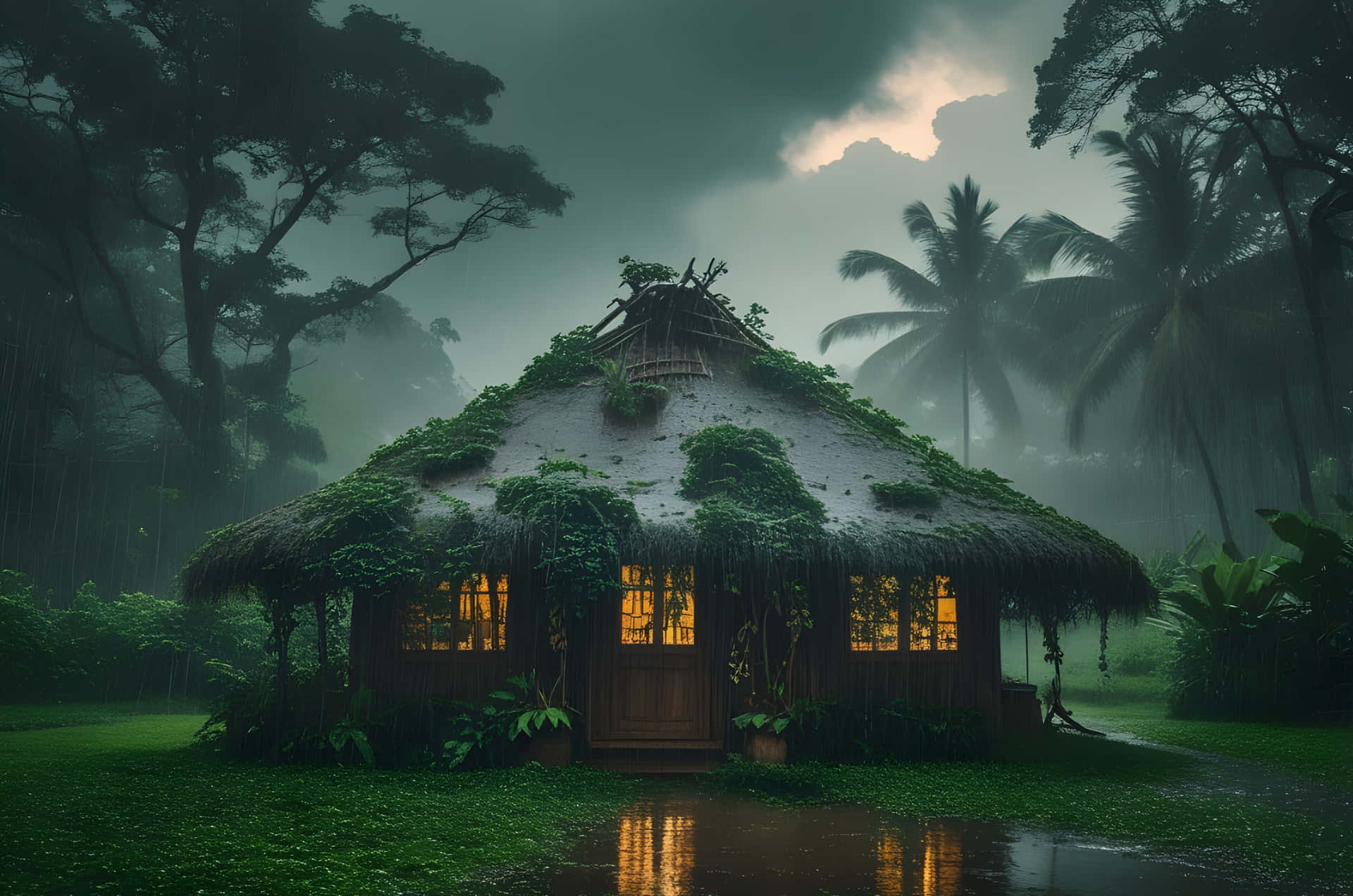 在潮濕的熱帶森林中，一間舒適的小屋窗戶透出光芒，周圍環繞著棕櫚樹和迷霧。