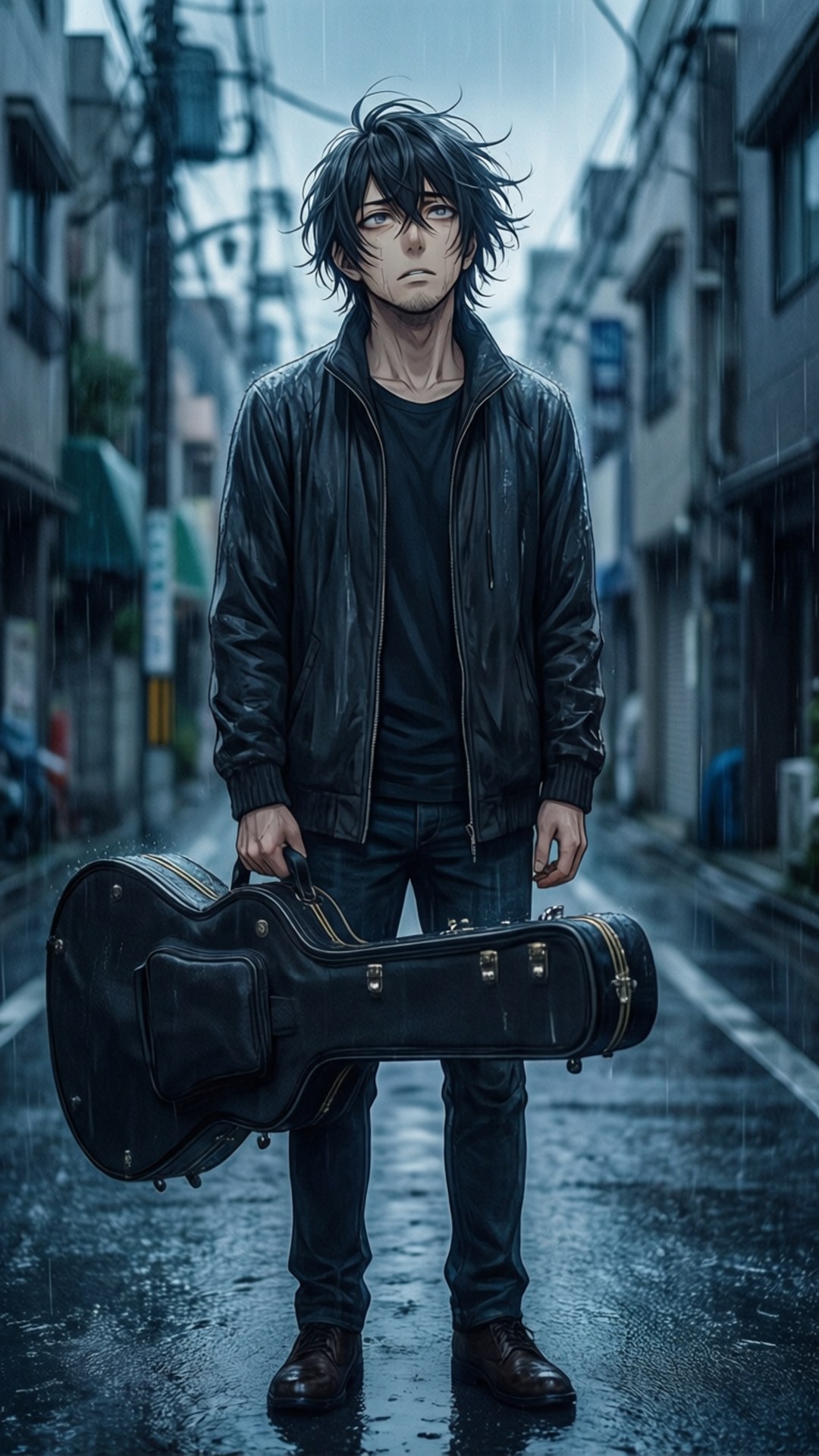 雨中的憂鬱 壁紙 — 一個頭髮凌亂的年輕男子站在下雨的城市小巷中，手持一個黑色結他盒。
