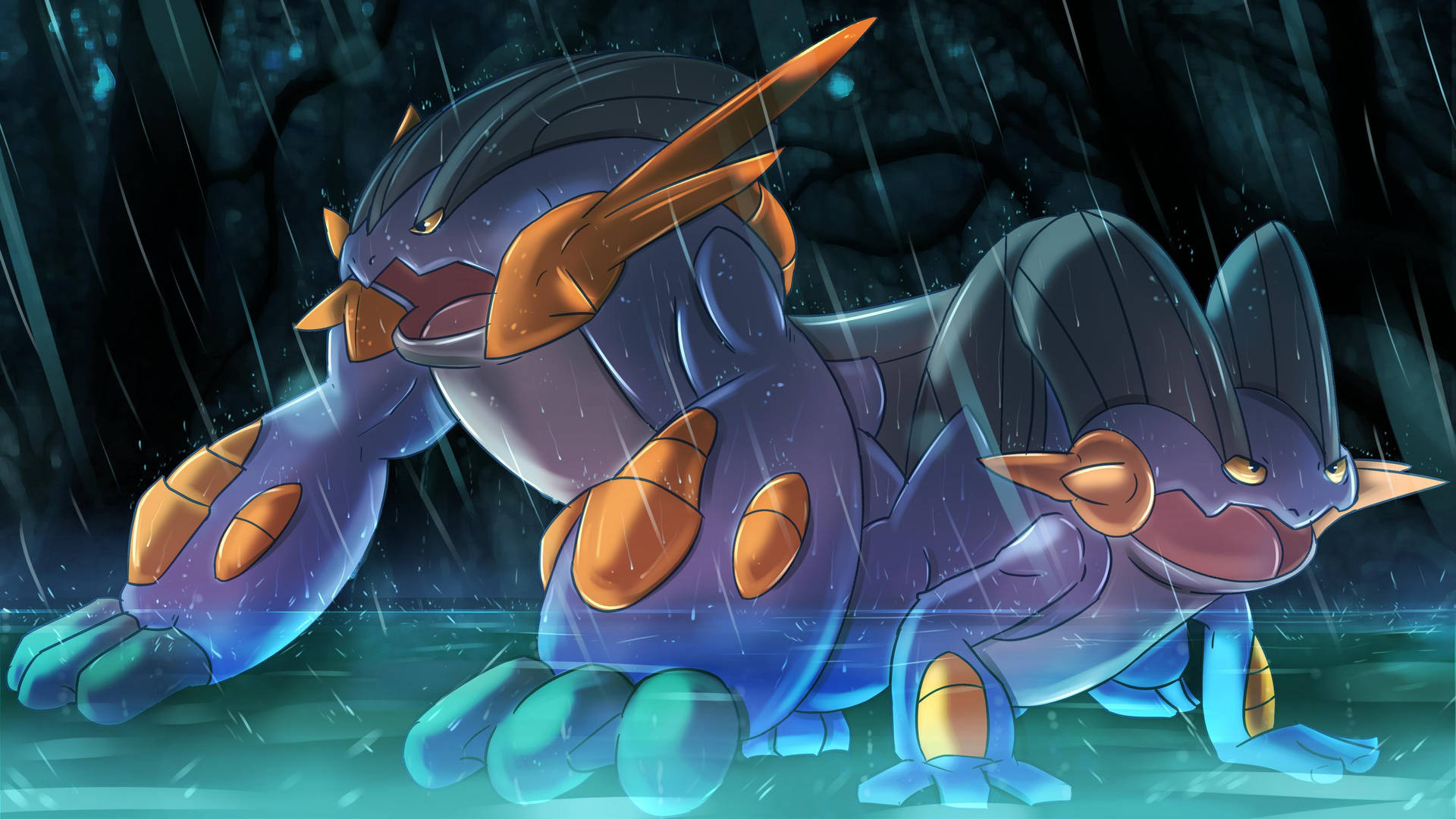 雨中的沼澤巨獸與超級沼澤巨獸 壁紙 — 兩隻鯉魚龍在黑暗的雨林中戰鬥，伴隨著發光的藍色水和橙色點綴。