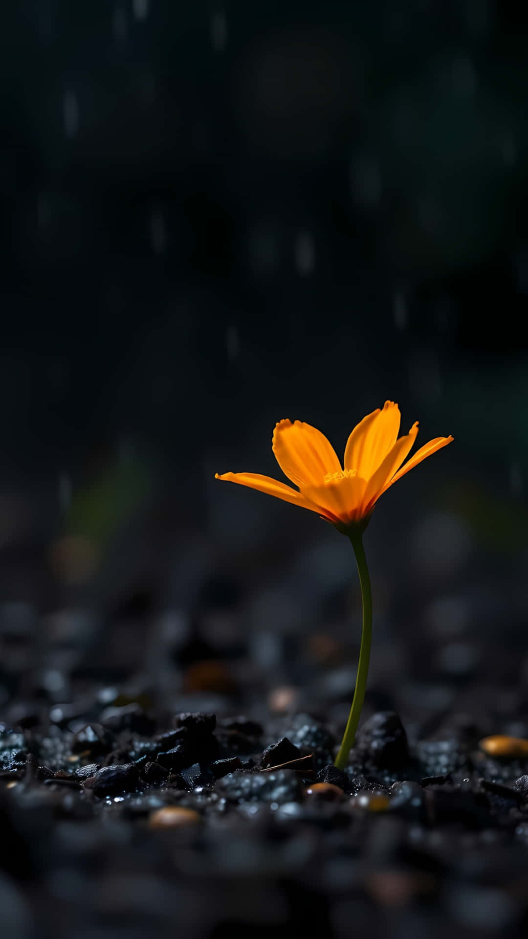 在夜間落雨下，從潮濕的深色礫石中生長出的明亮橙色花朵。