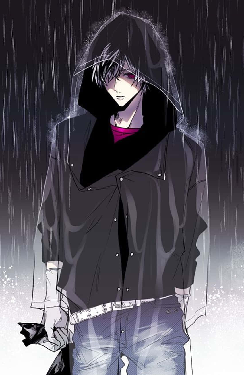 雨中穿著黑色連帽外套的動漫男孩，紅色眼睛和粉紅色襯衫。