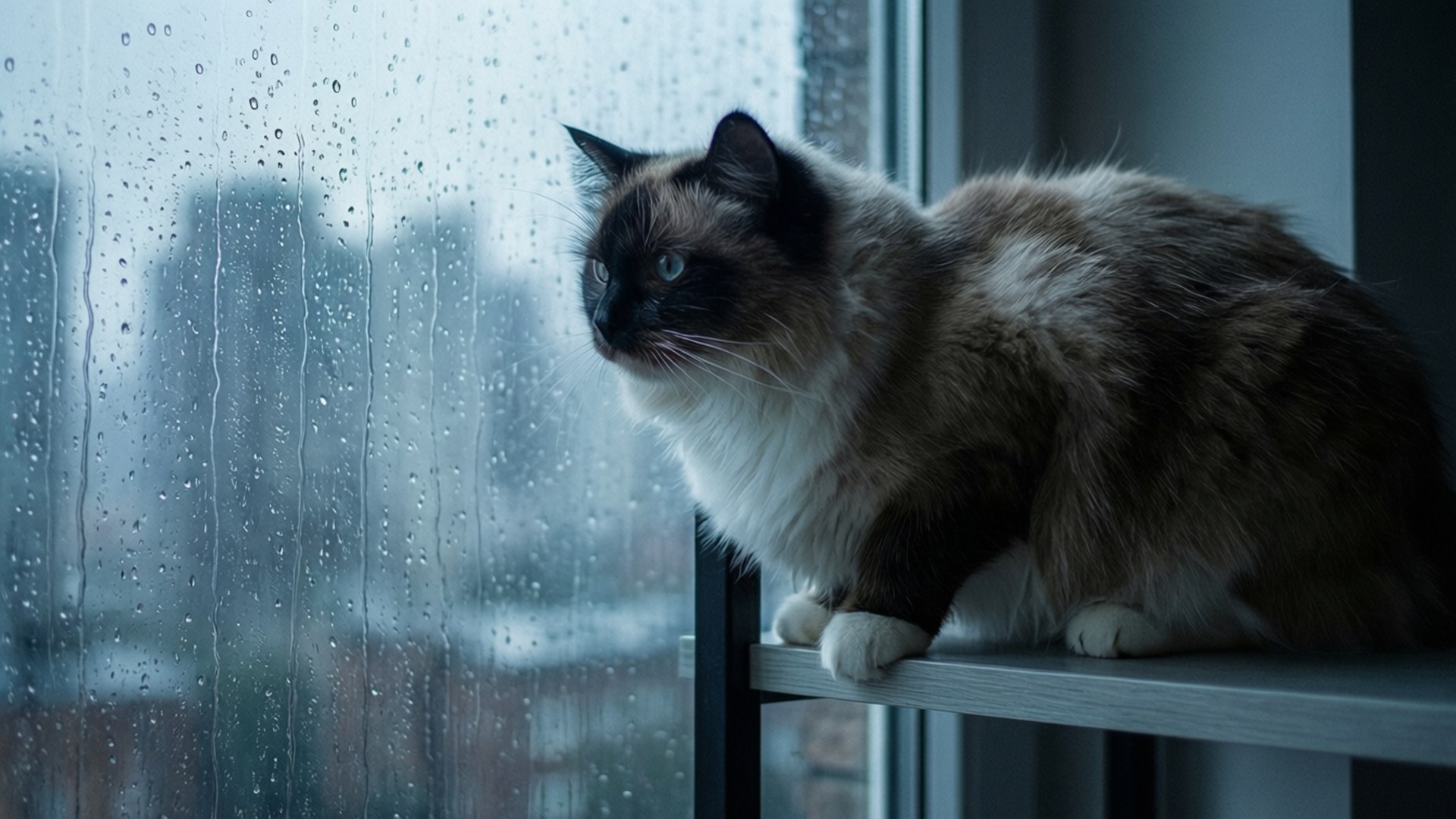 窗台上的貓看著城市窗戶上的雨。