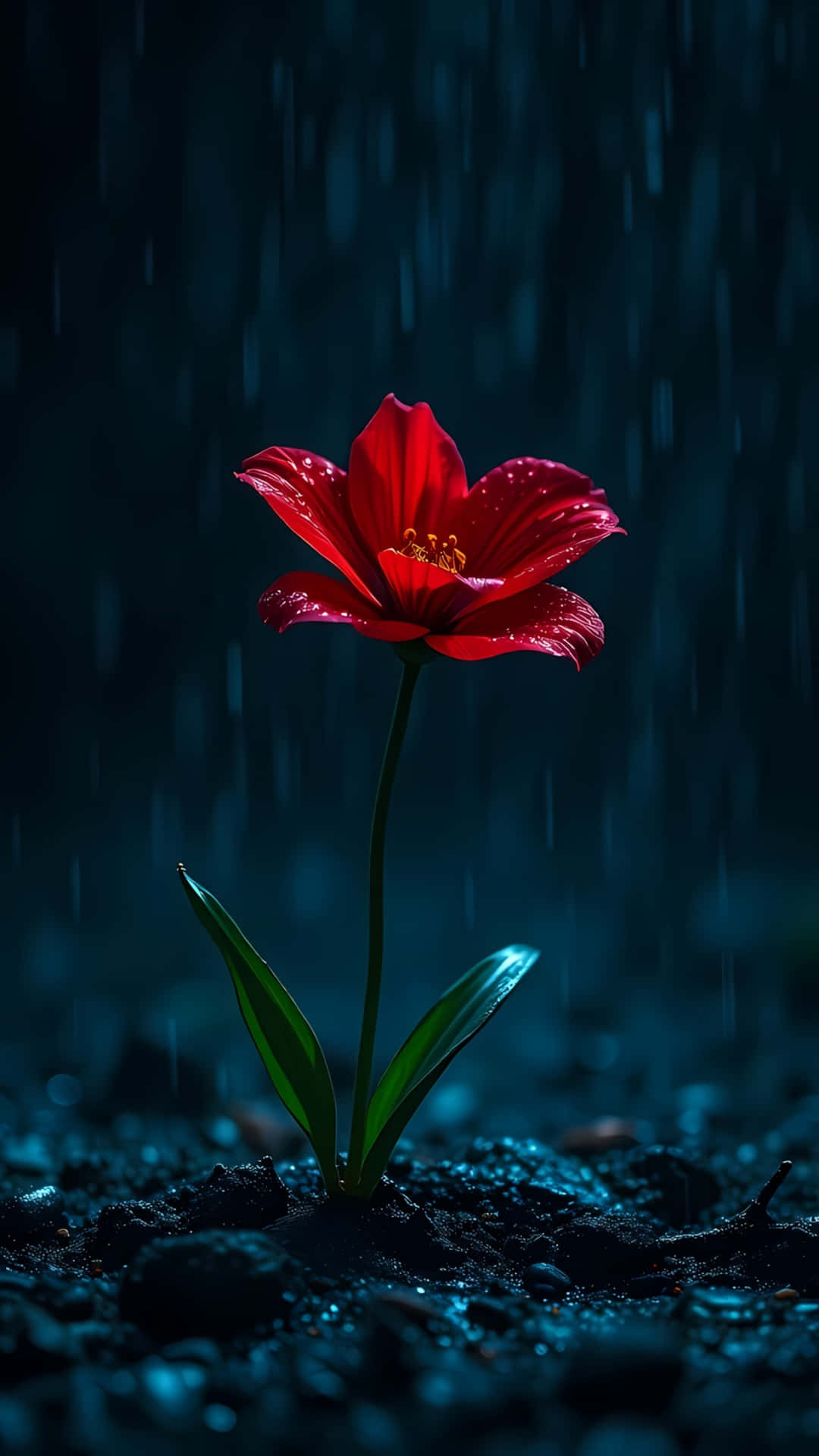 一朵紅花，花瓣上有雨滴，在雨中生長在深色土壤中。