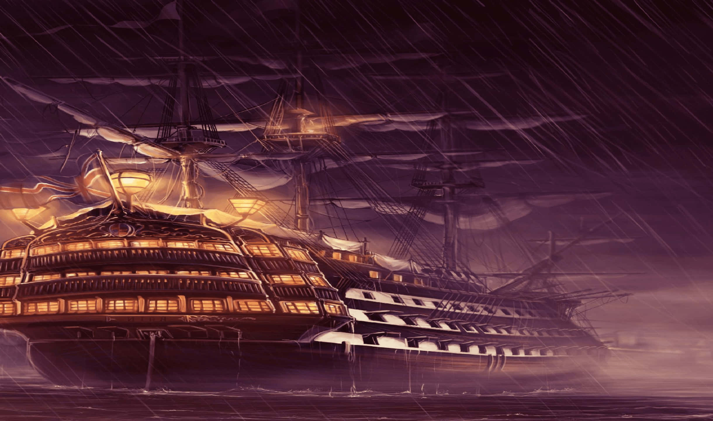 雨中航行 2440x1440 監視器背景 壁紙 — 一艘大船在暴風雨的夜晚航行，甲板上溫暖的燈光在深紫色的雨中閃耀。