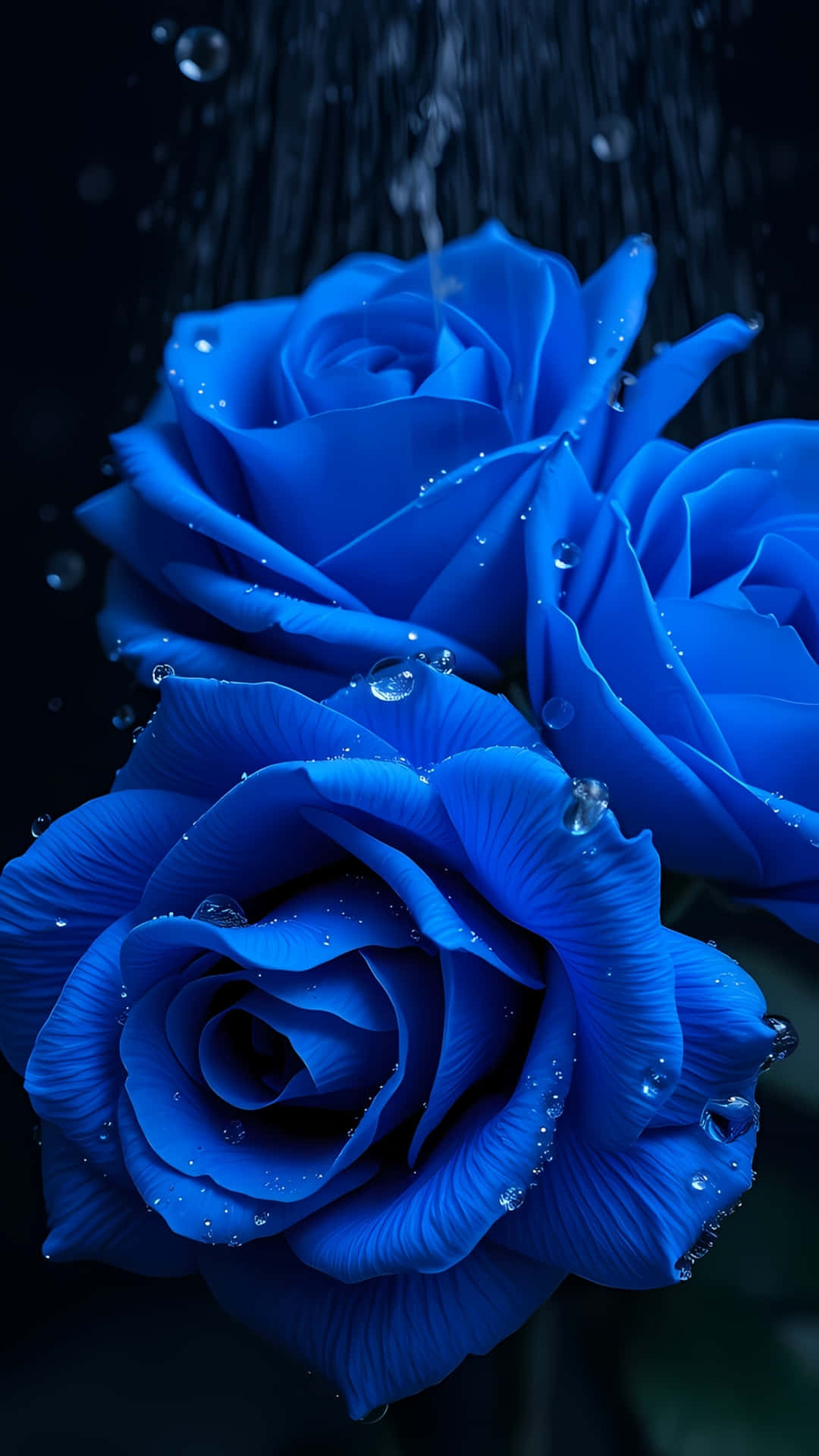 藍色玫瑰在黑暗背景中水滴落下