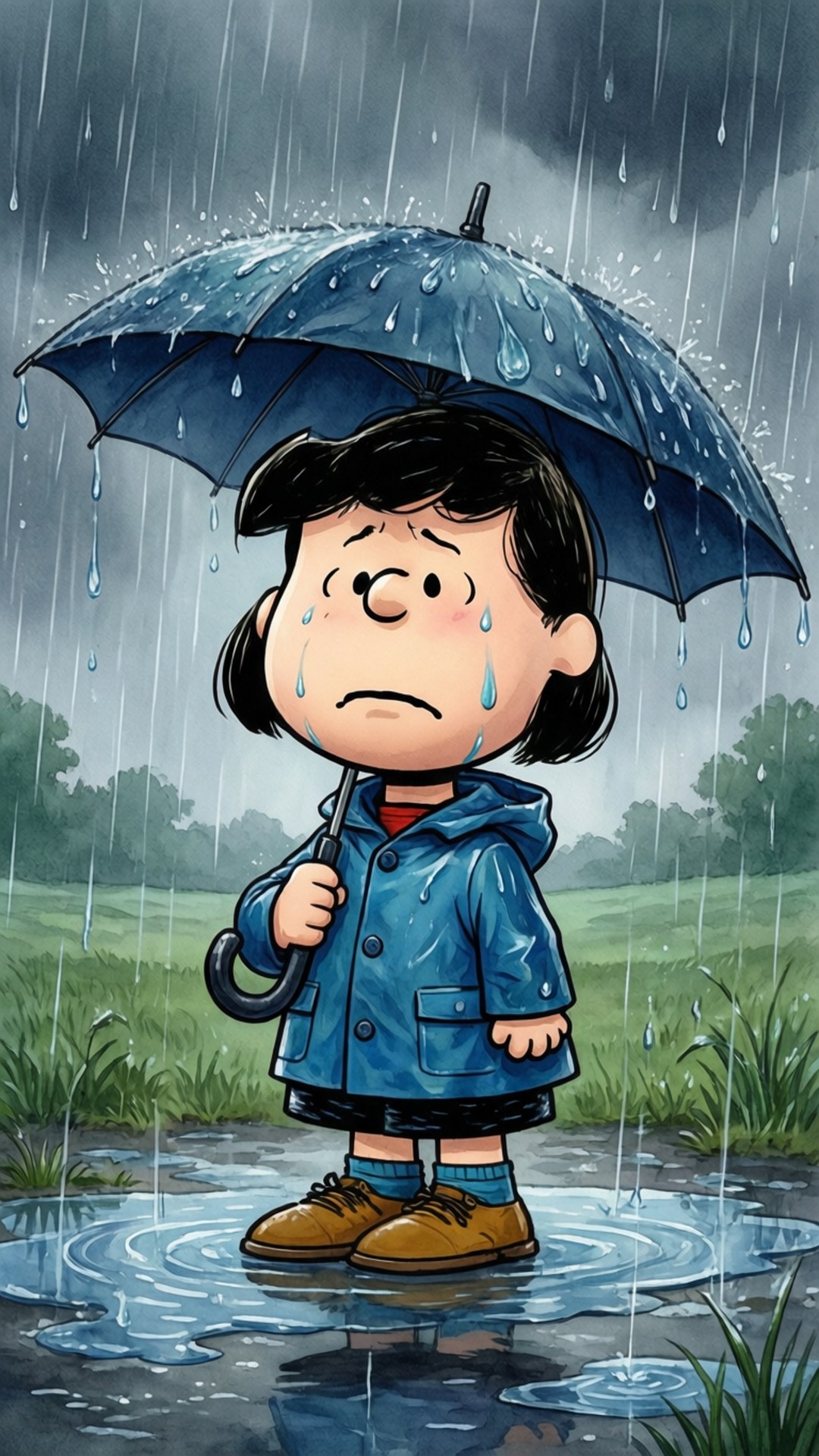 雨中藍調 壁紙 — 一個悲傷的卡通女孩穿著藍色雨衣站在水坑裡，拿著一把藍色雨傘，雨水落在她周圍。