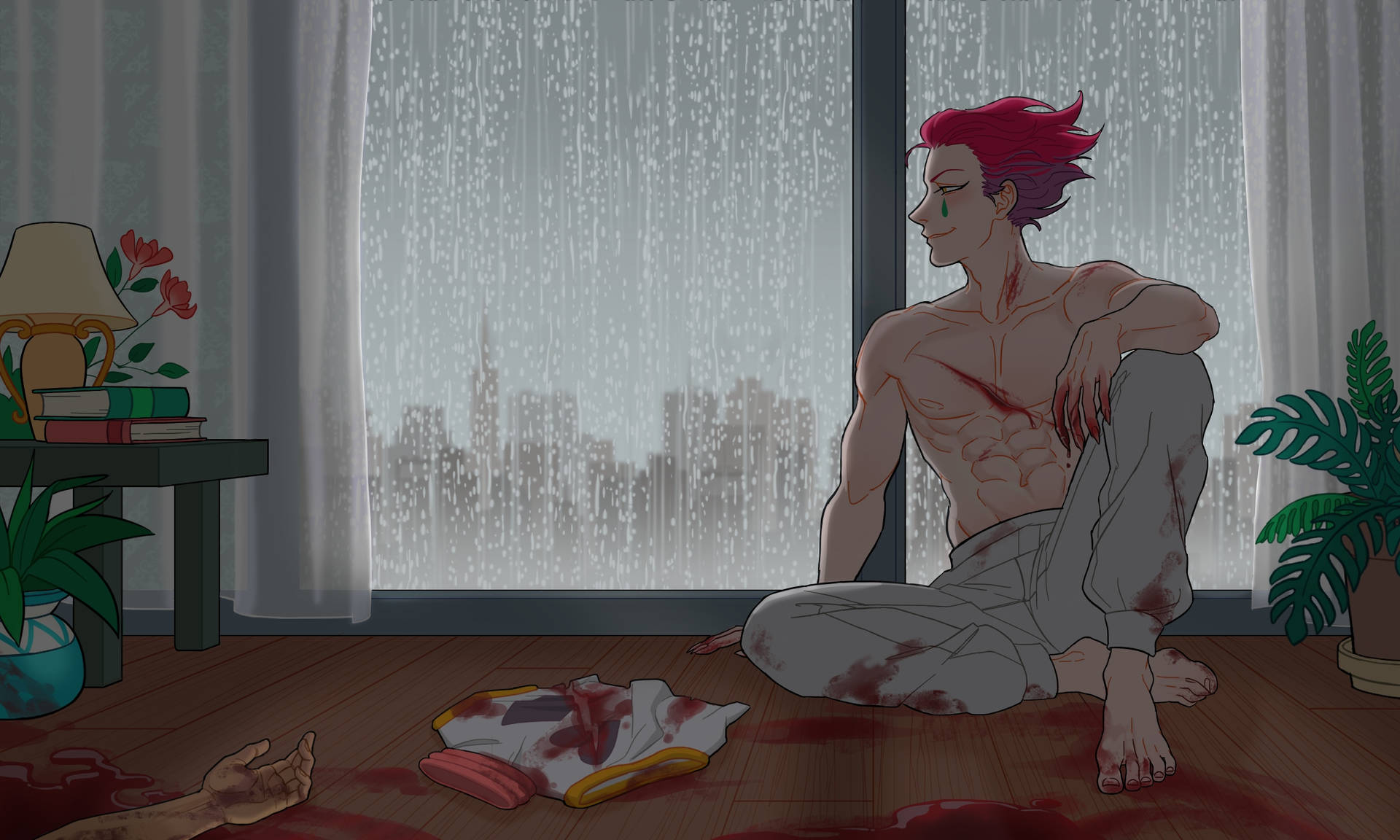 一個紅髮動漫男人坐在城市中雨窗旁的血跡斑斑的地板上。