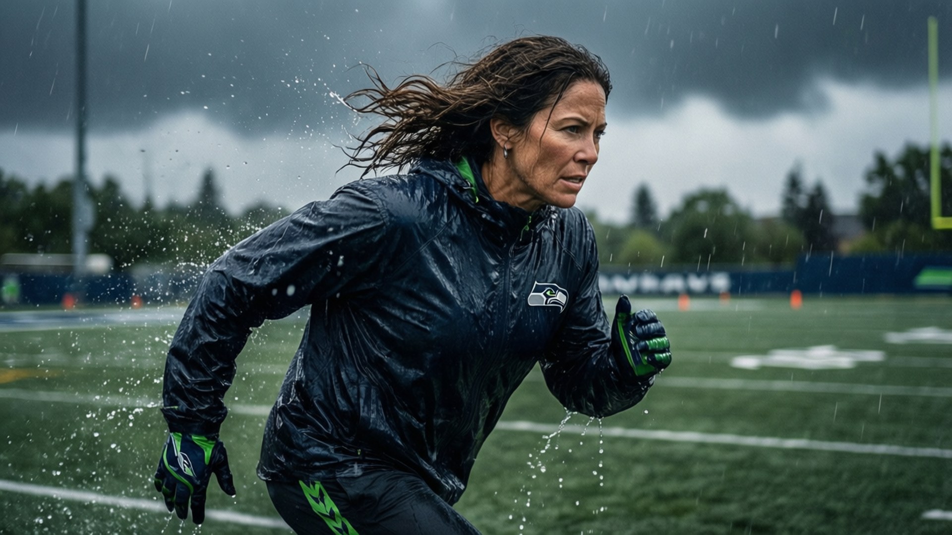 運動員穿著Seahawks裝備在足球場上雨中奔跑