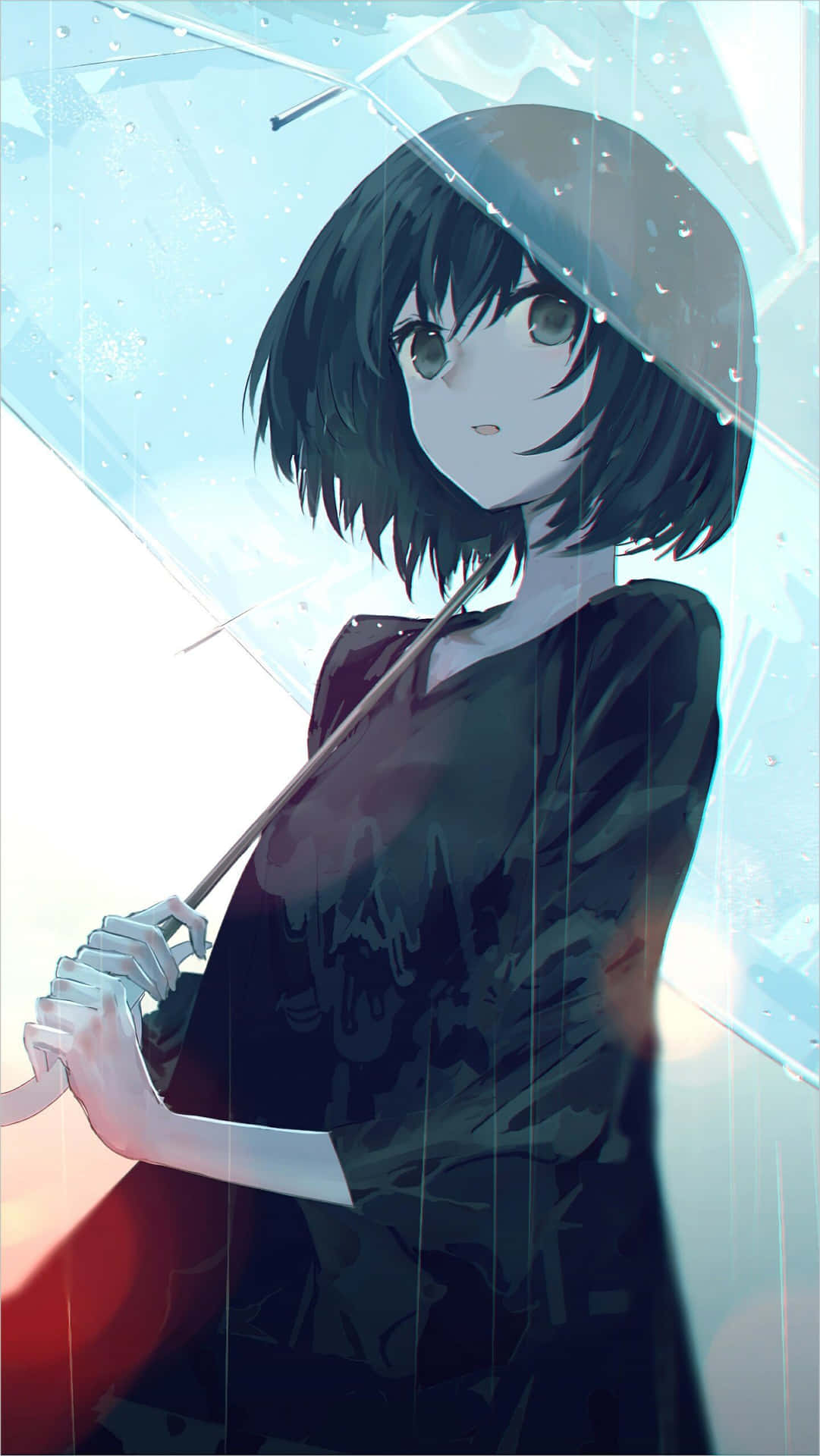 動漫女孩在雨中拿著透明雨傘，柔和藍色燈光。