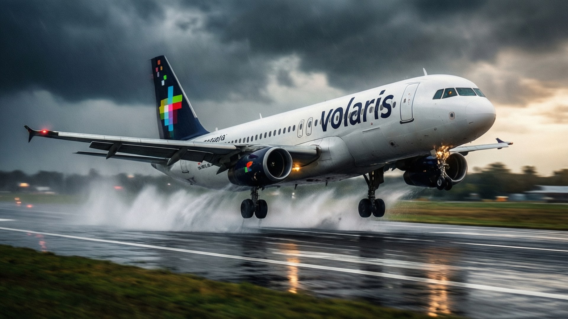 Volaris飛機在黃昏大雨中起飛。