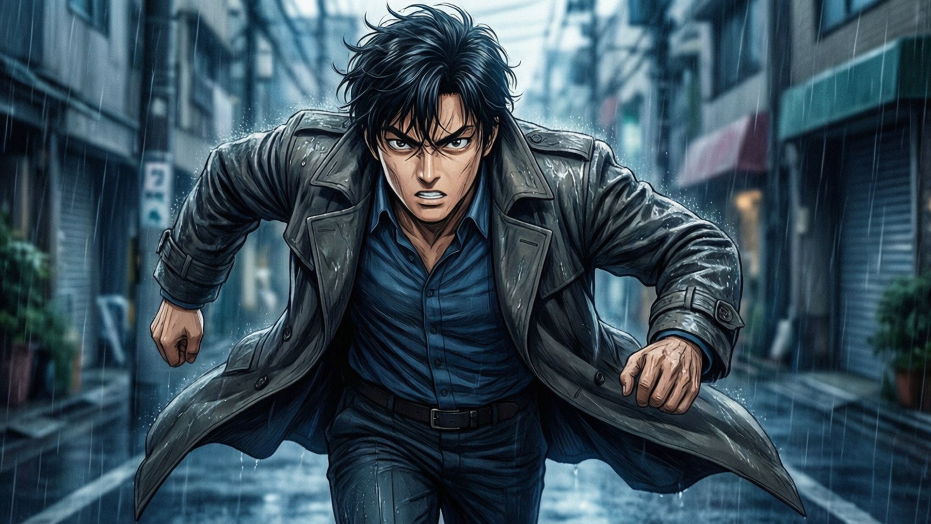 一個堅定的動漫男人穿著風衣在雨中的城市小巷奔跑。
